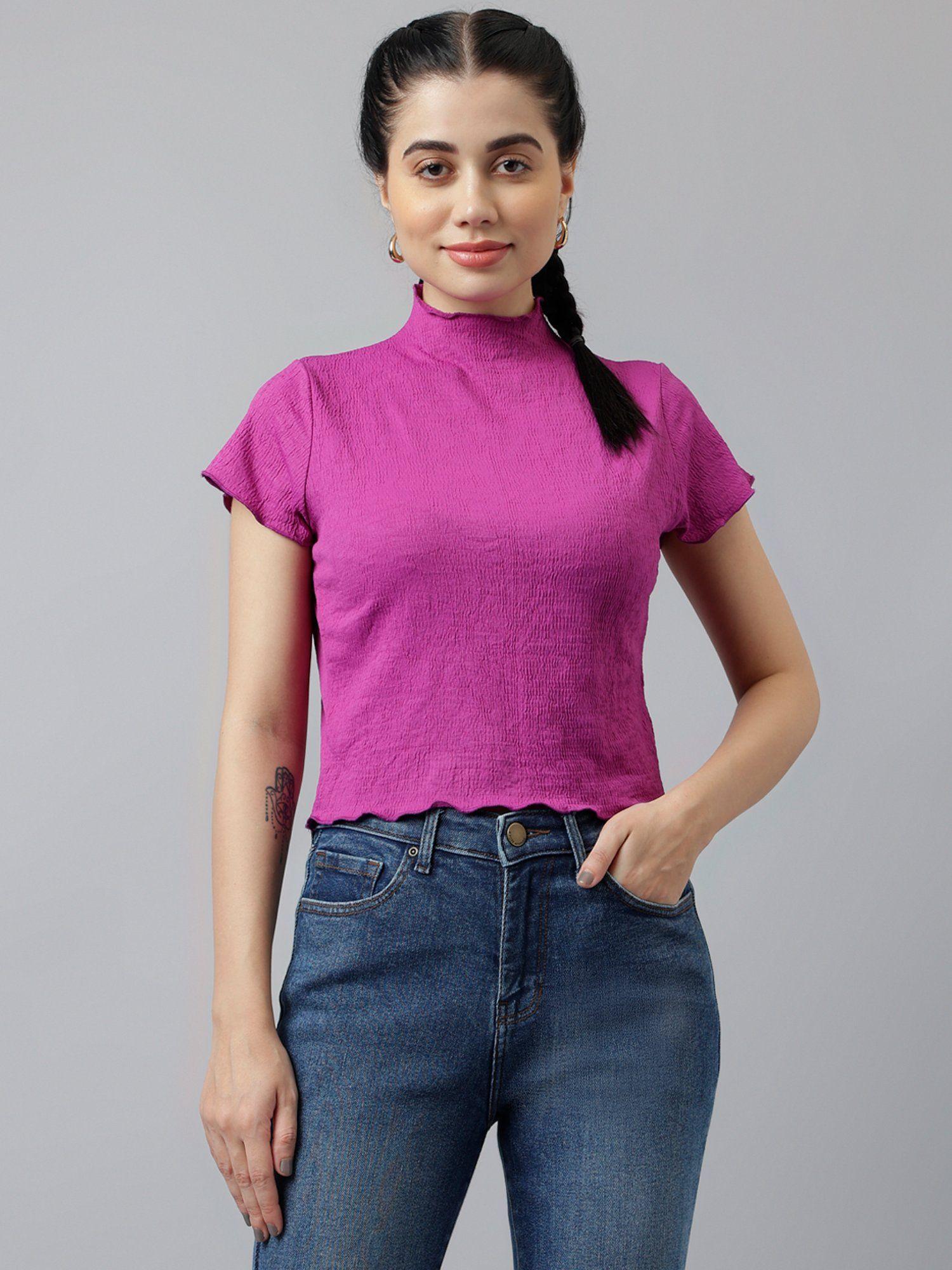 women purple high neck short sleeves top