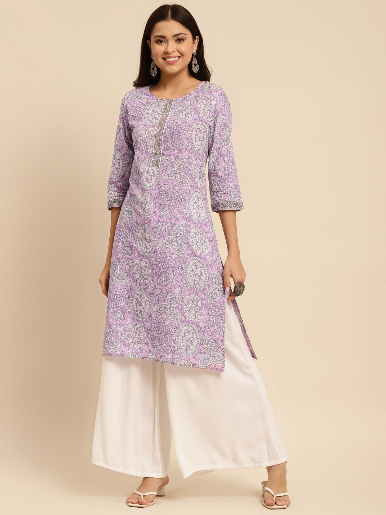 women purple jaipuri printed knee length straight kurta