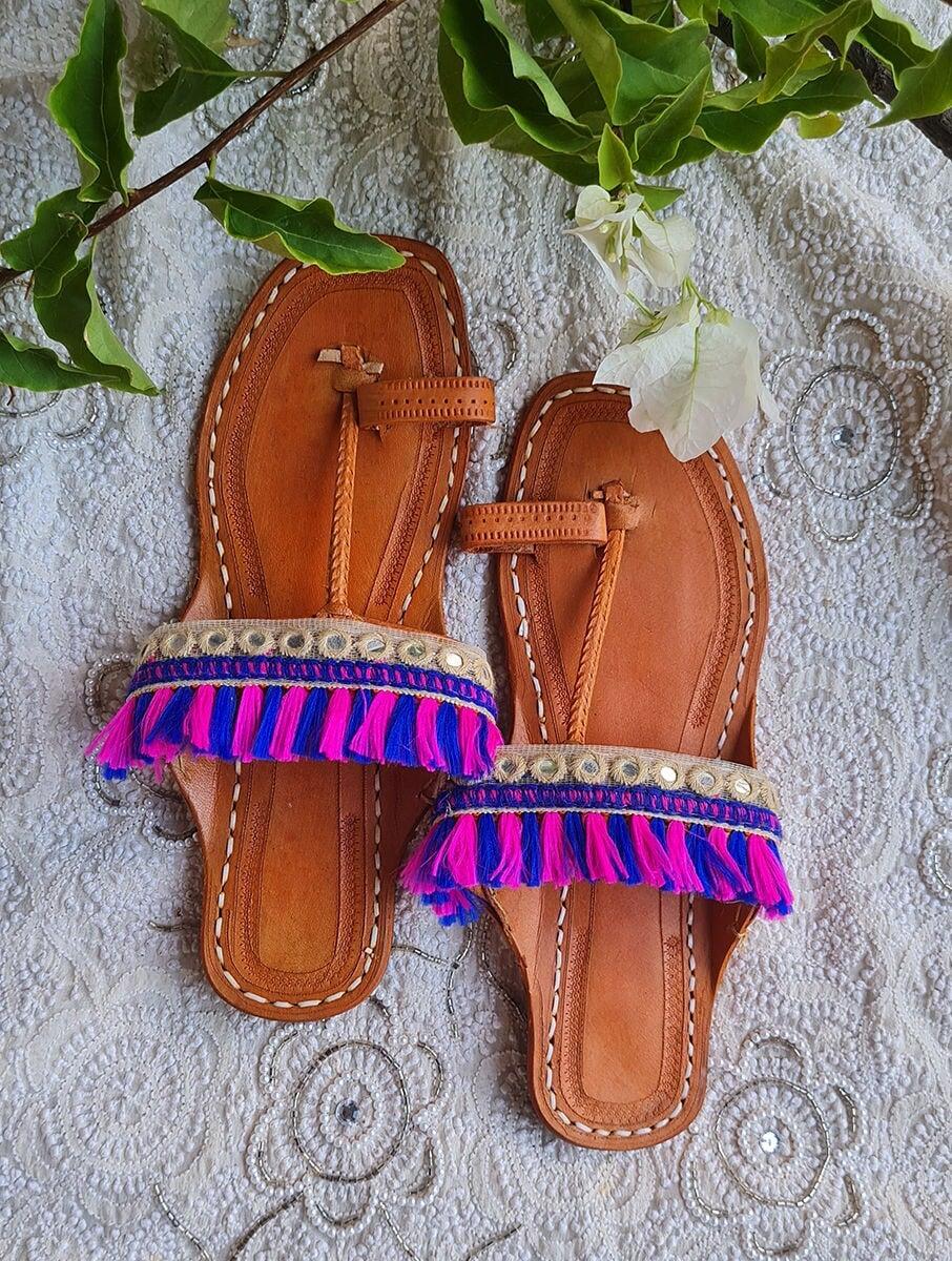 women purple leather embroidered open back kohlapuri kolhapuris