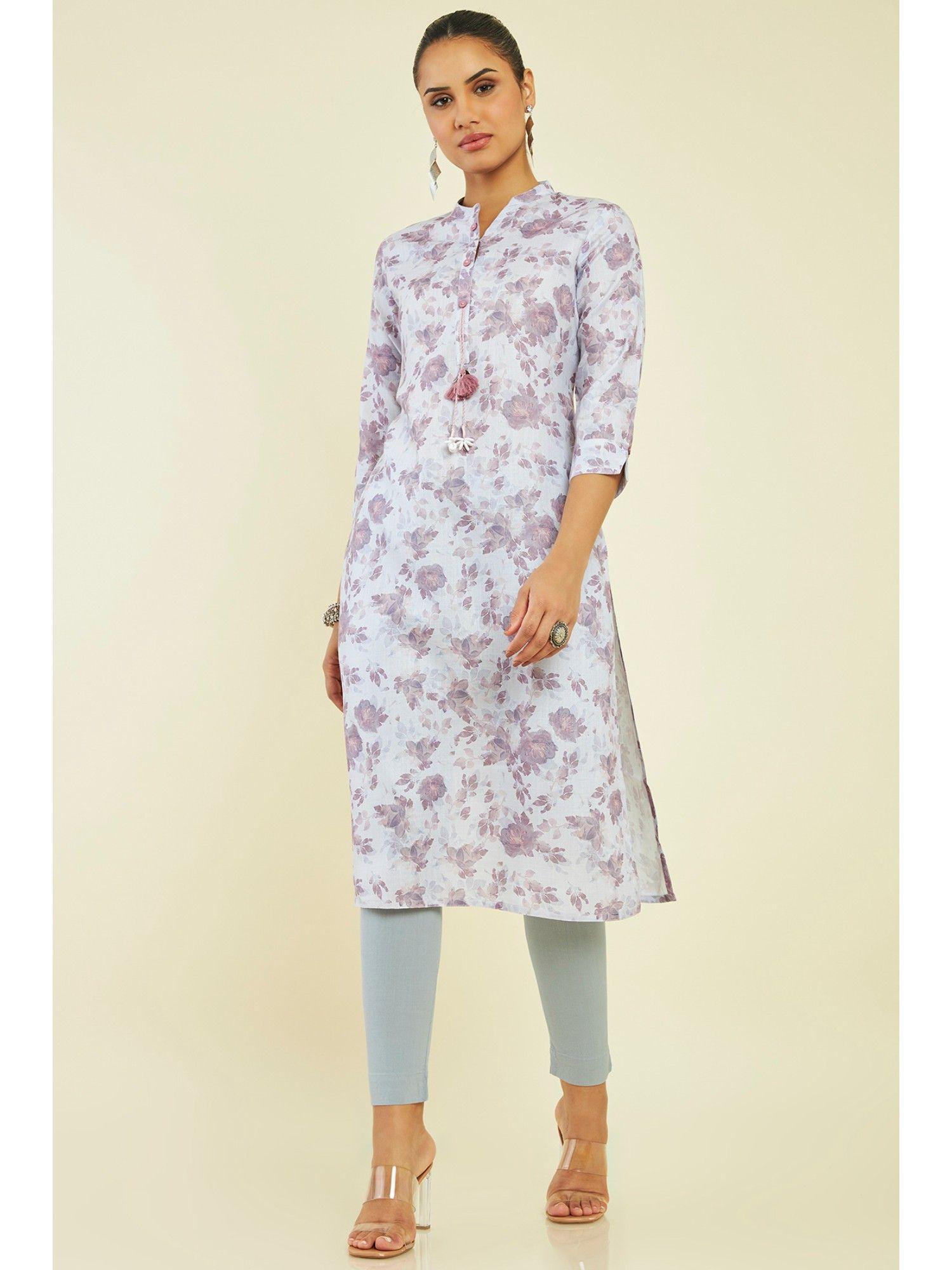 women purple linen printed kurta