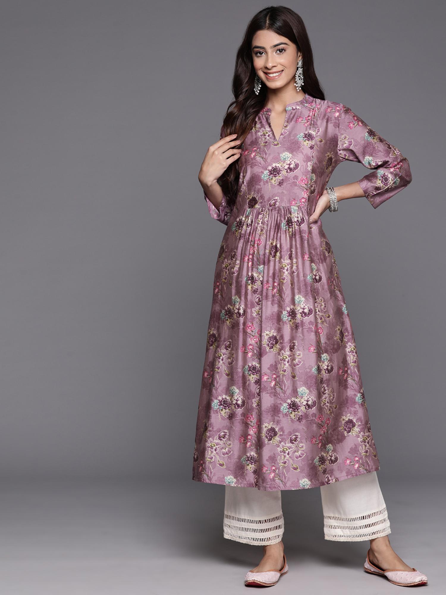 women purple mandarin collar a-line kurta