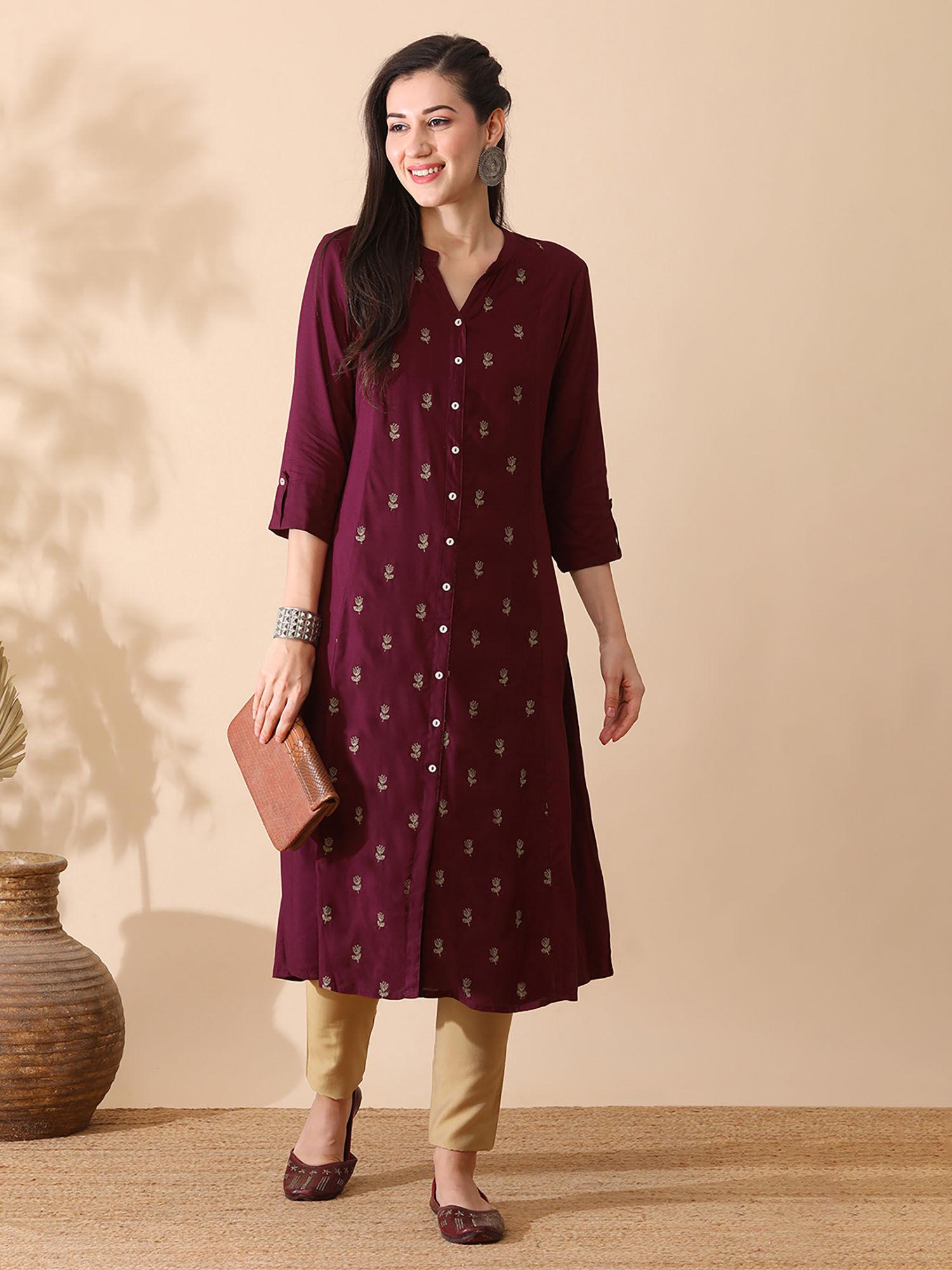 women purple mandarin collar floral embroidered panelled a-line kurta