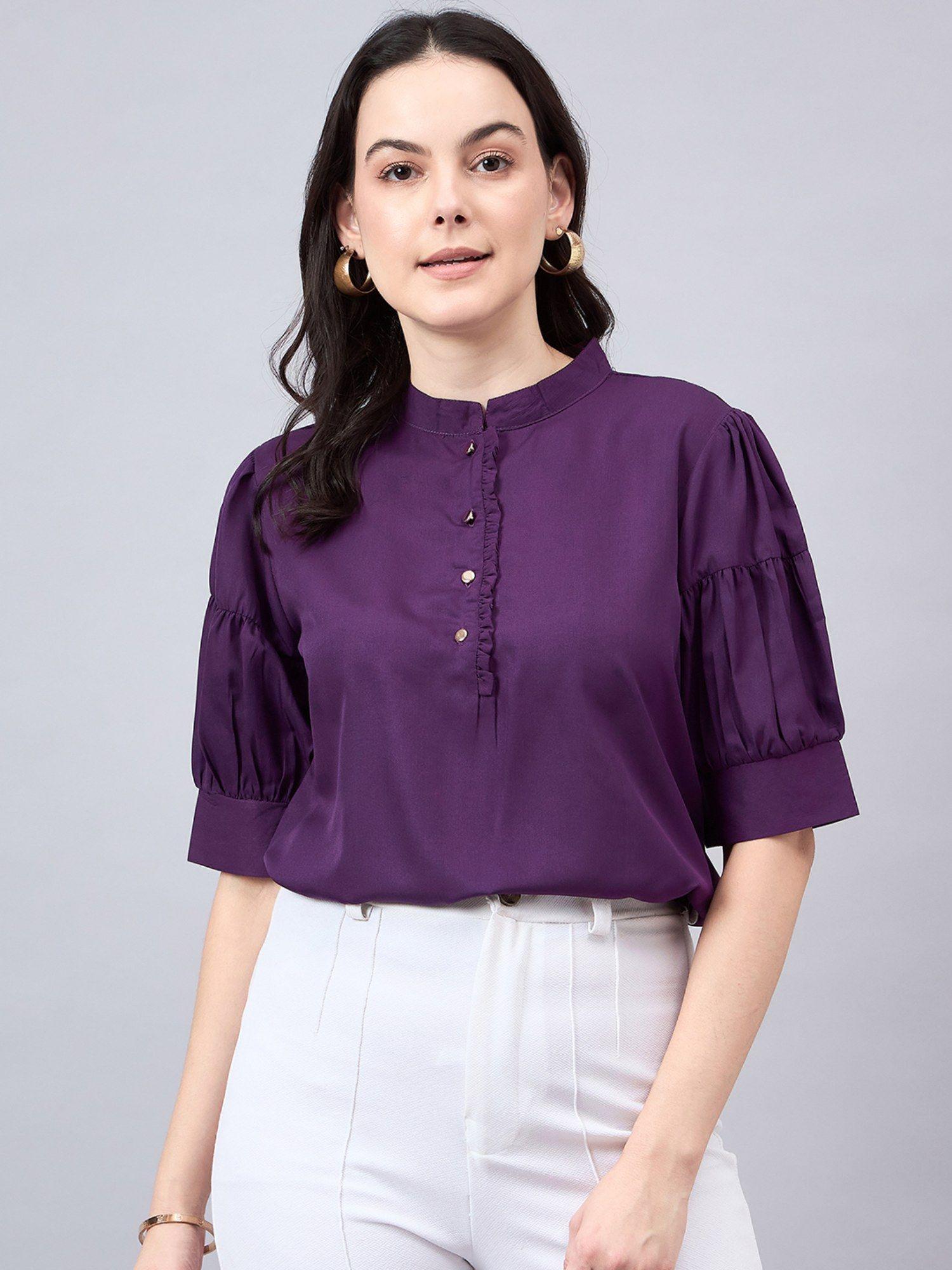 women purple mandarin collar puff sleeves crepe regular top