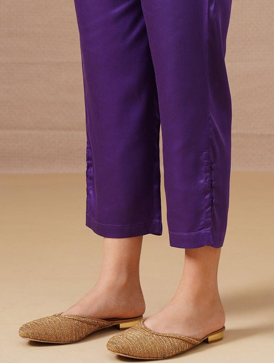 women purple modal solid ankle length slim fit pants
