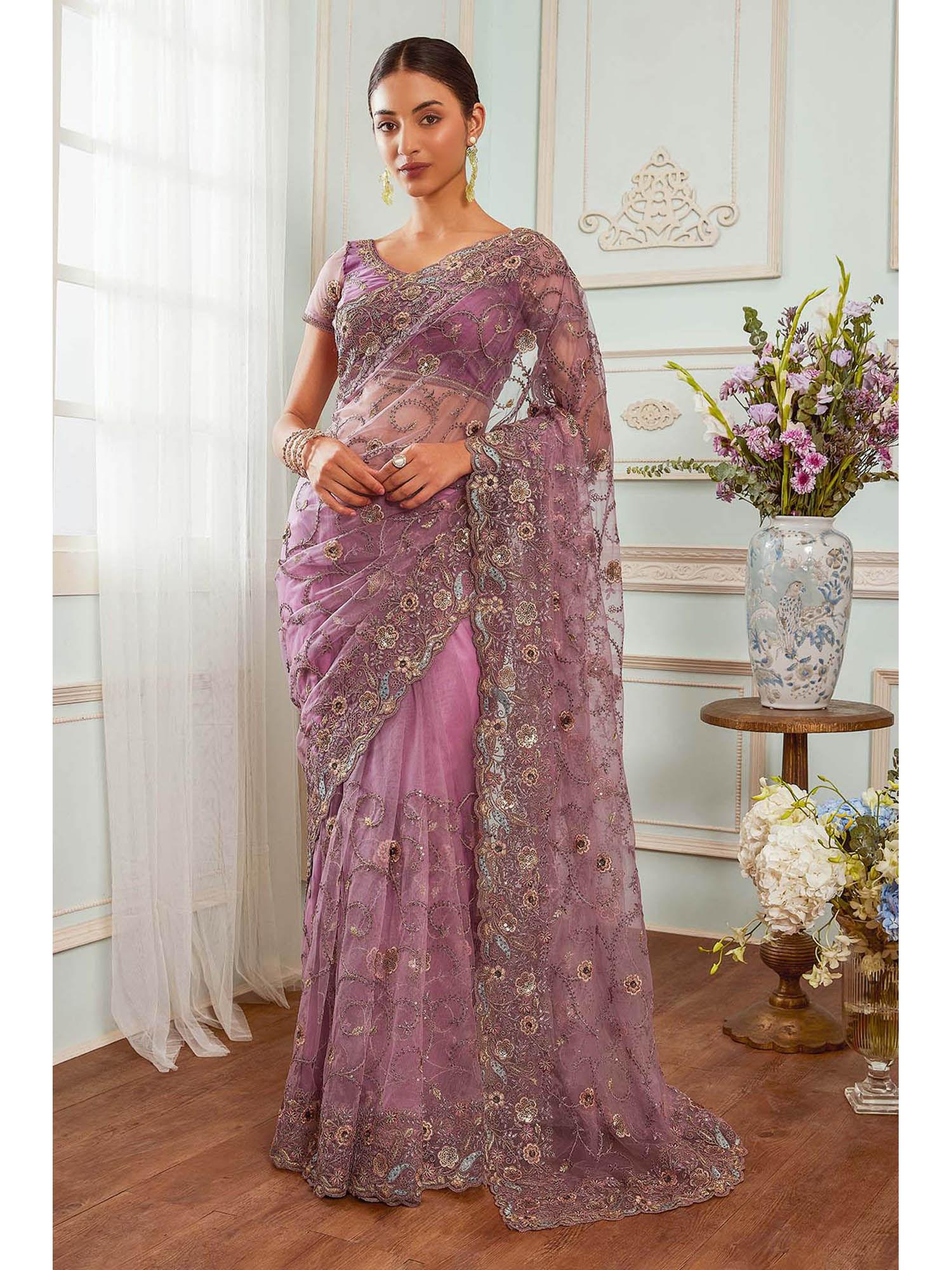 women purple net embroidered saree with unstitched
