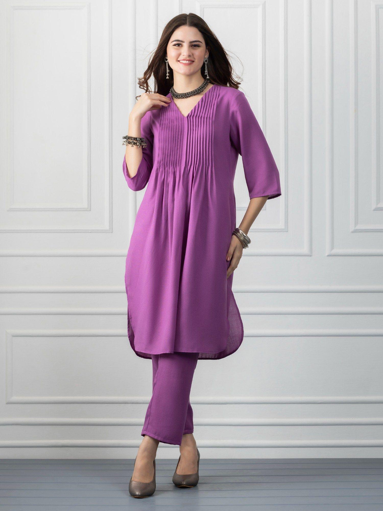 women purple pleated ethnic kurta