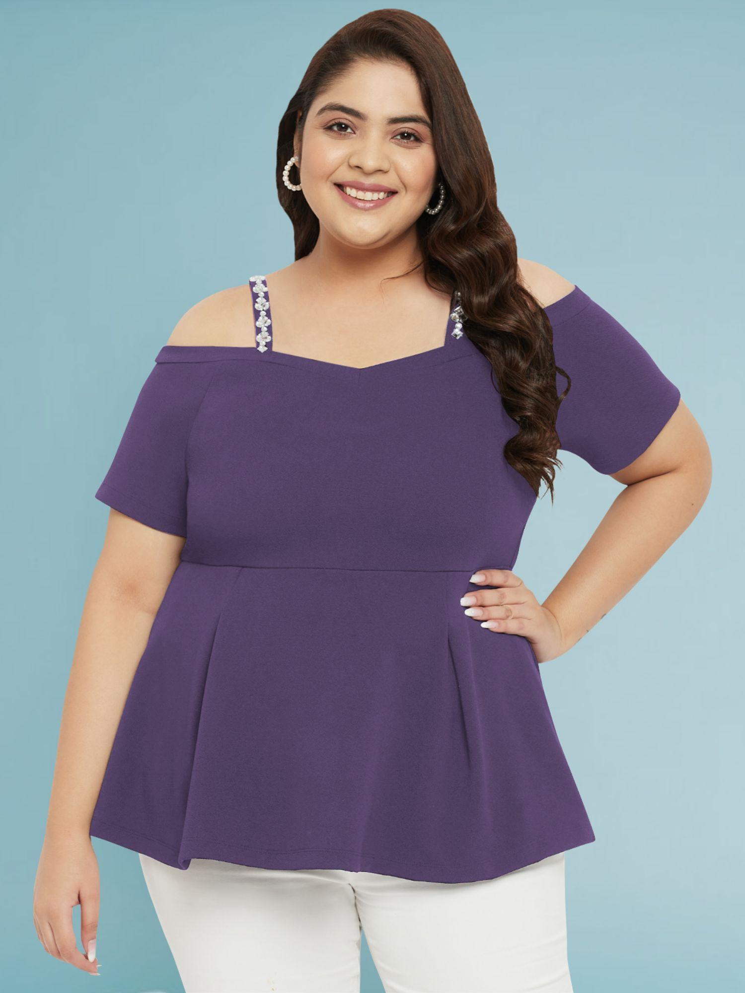 women purple plus size cold shoulder embellished strap top