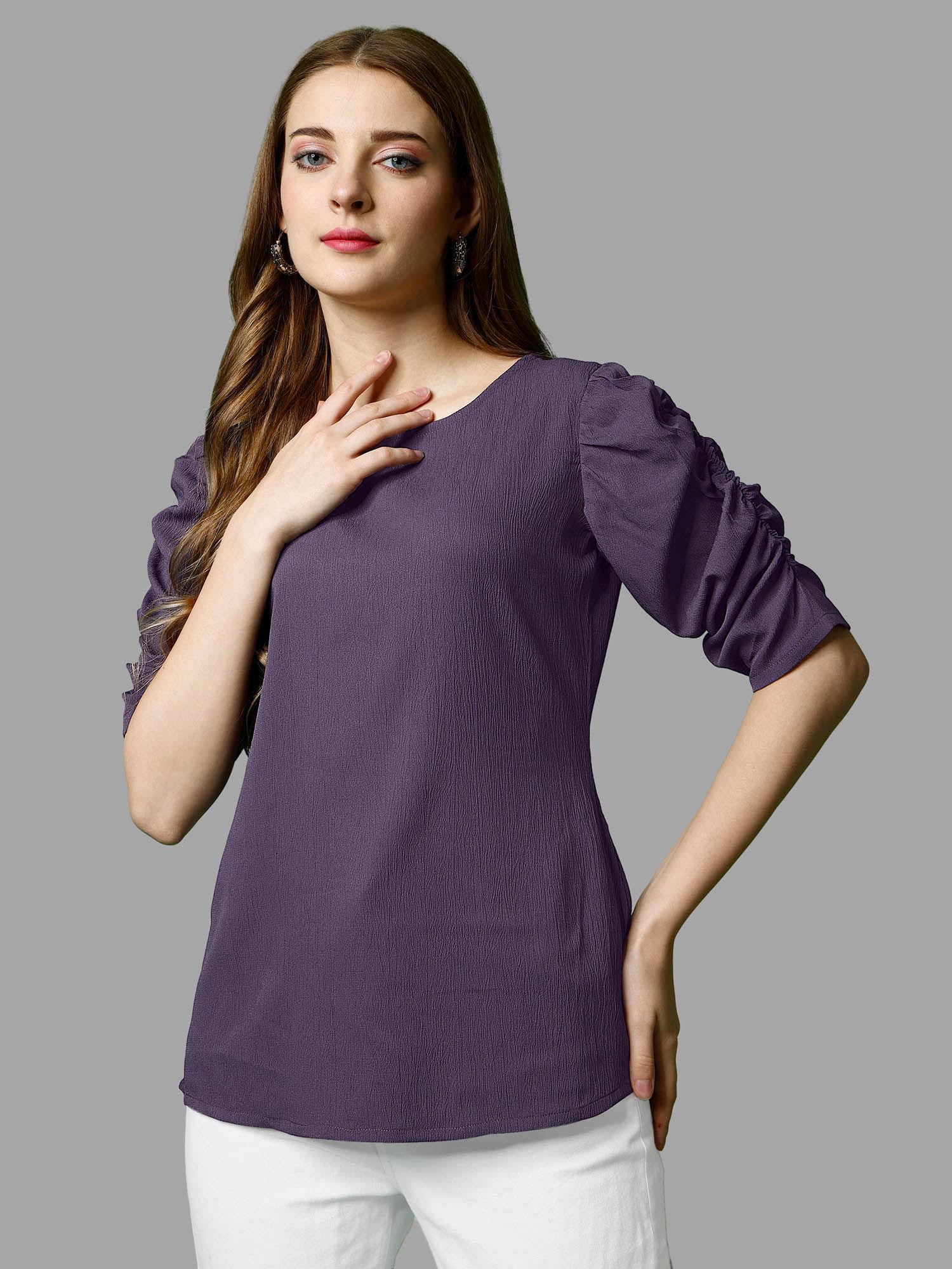 women purple polyester blend round neck regular fit top