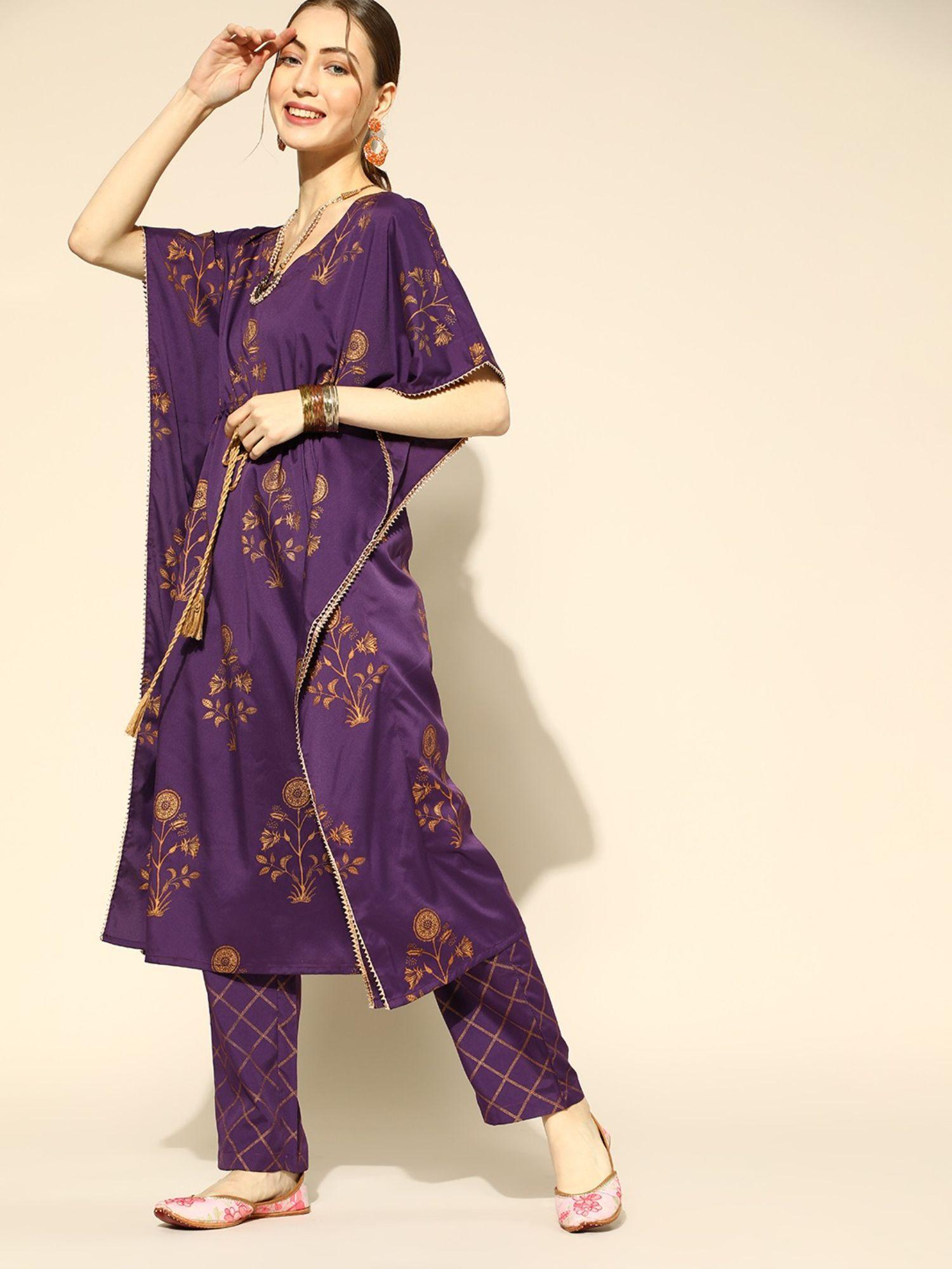 women purple polyester printed kaftan with pant (set of 2)