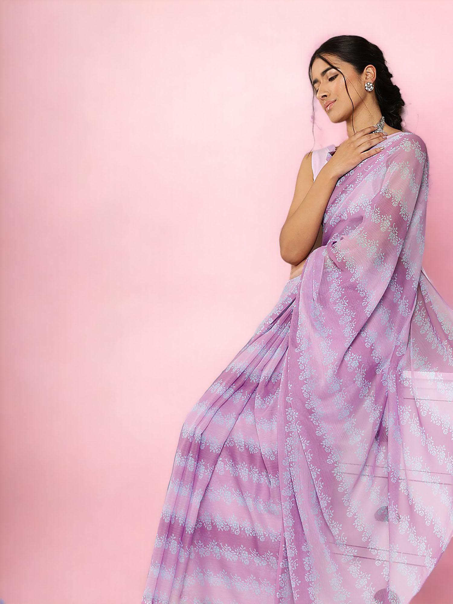 women purple printed saree with unstitched blouse