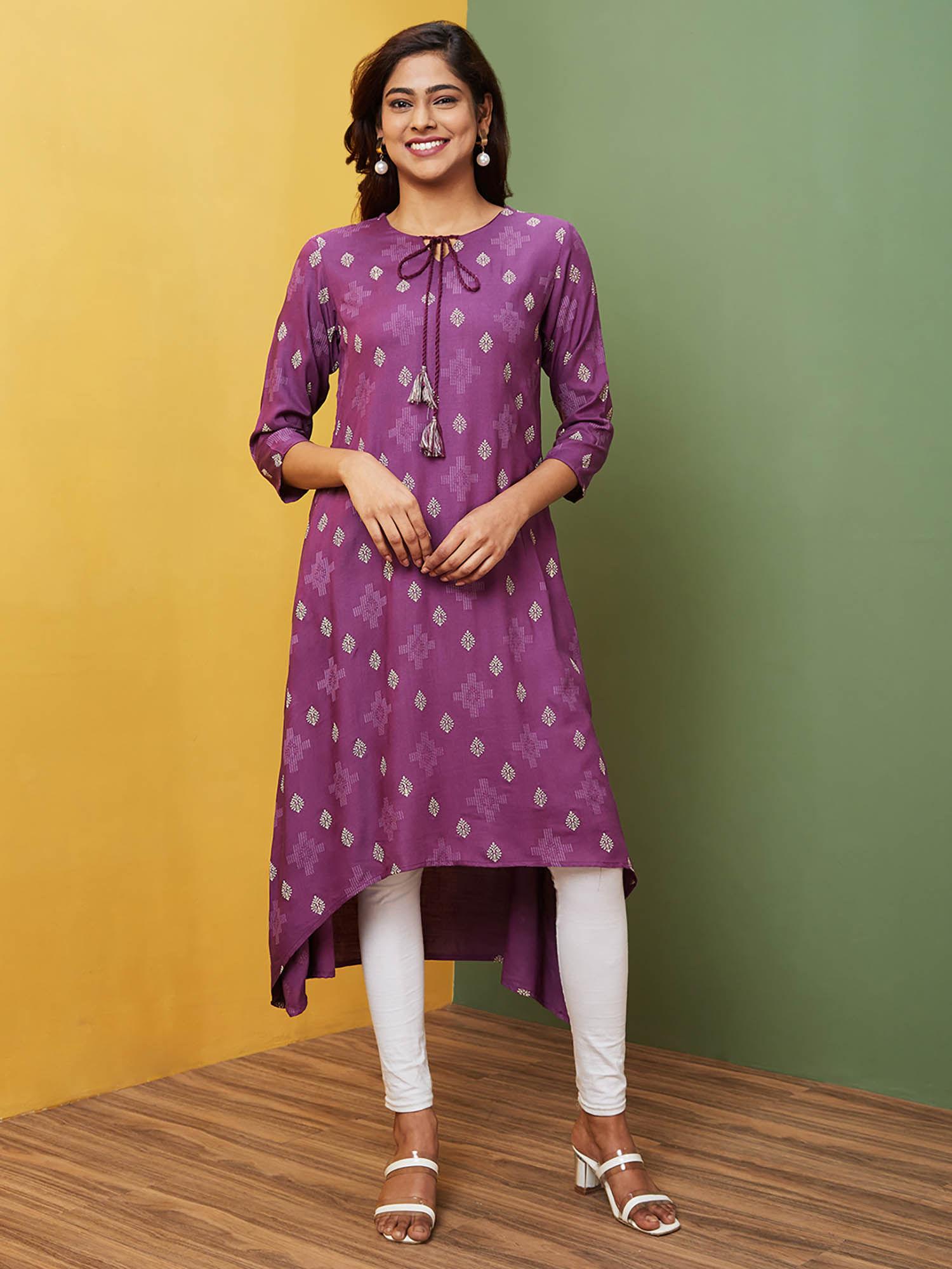 women purple printed tie-up neck a-line kurta