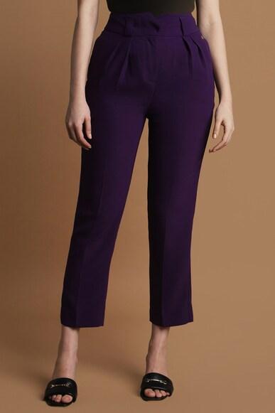women purple regular fit solid formal trousers