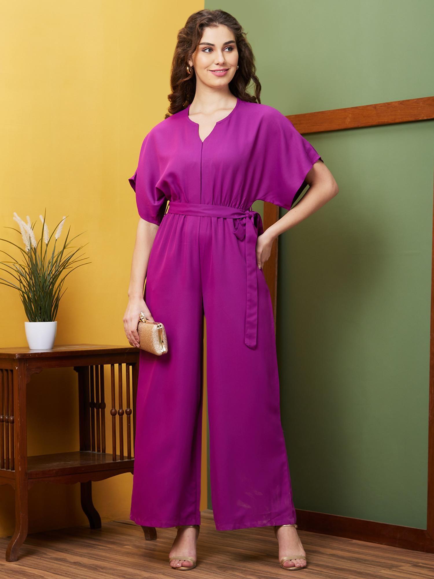 women purple round neck with v cut & kimono sleeves waist tie-up longline jumpsuit