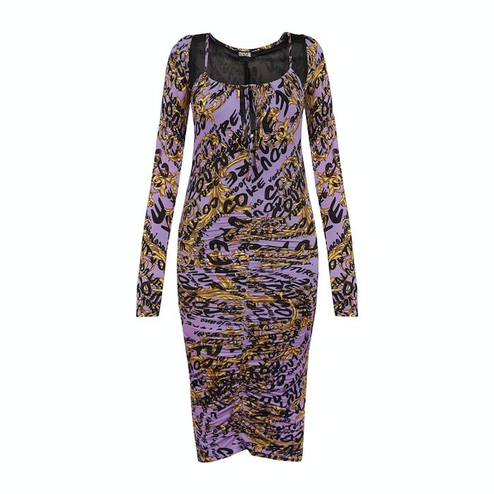 women purple ruched baroque & brand name printed dress