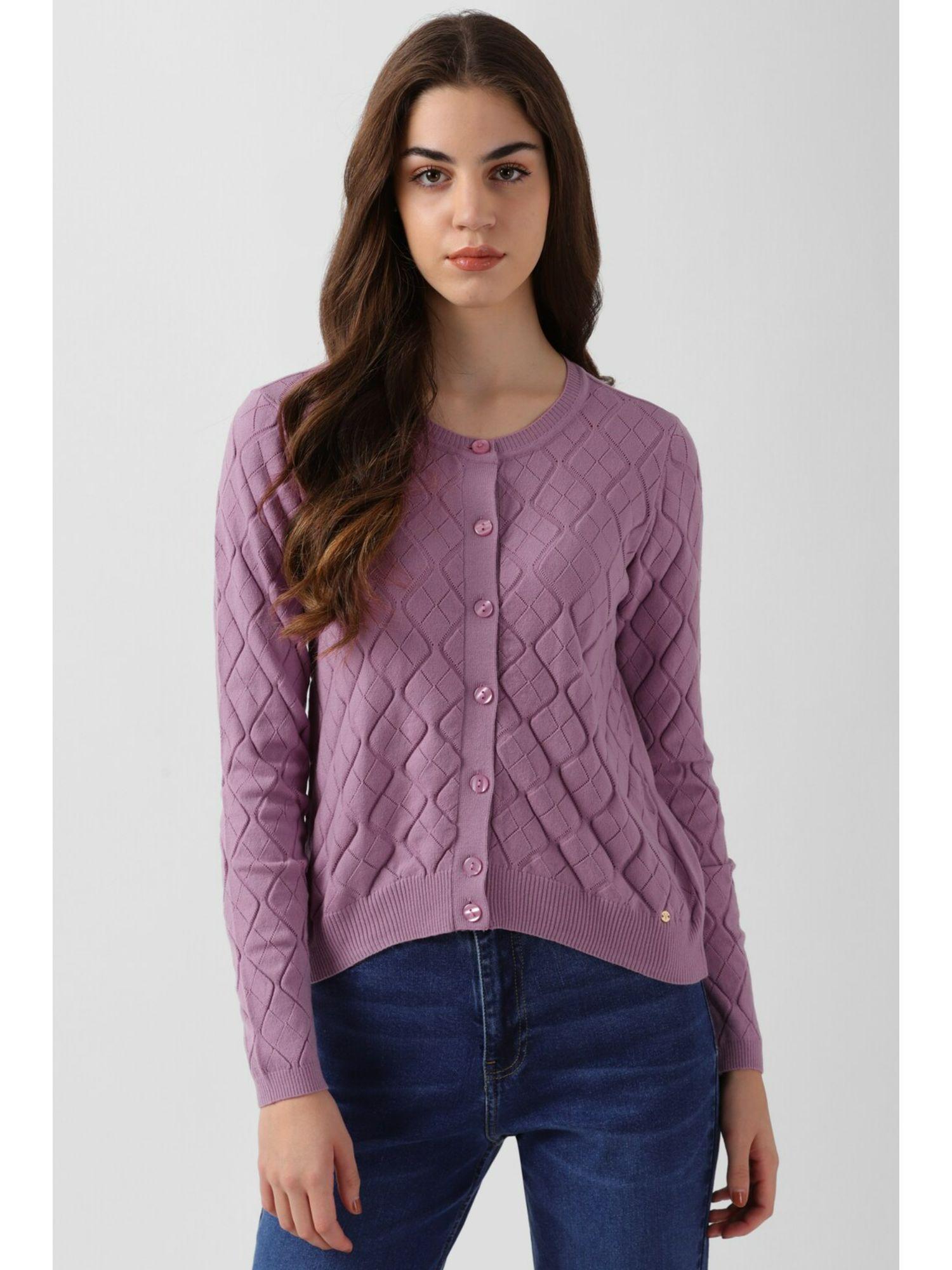 women purple self design casual cardigan