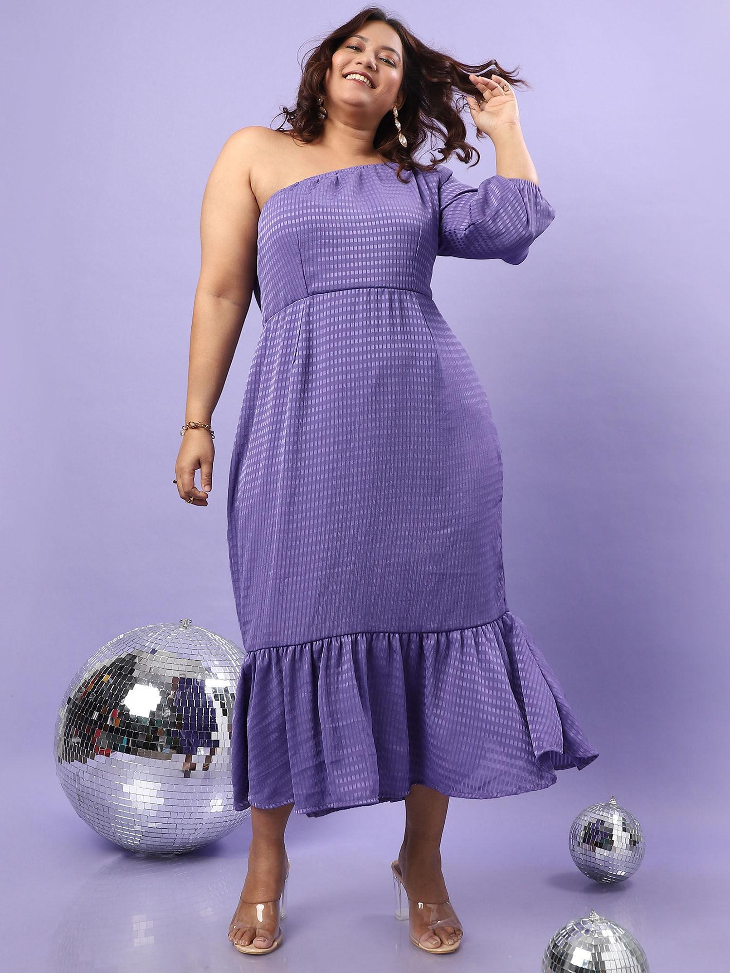 women purple self design checks dress