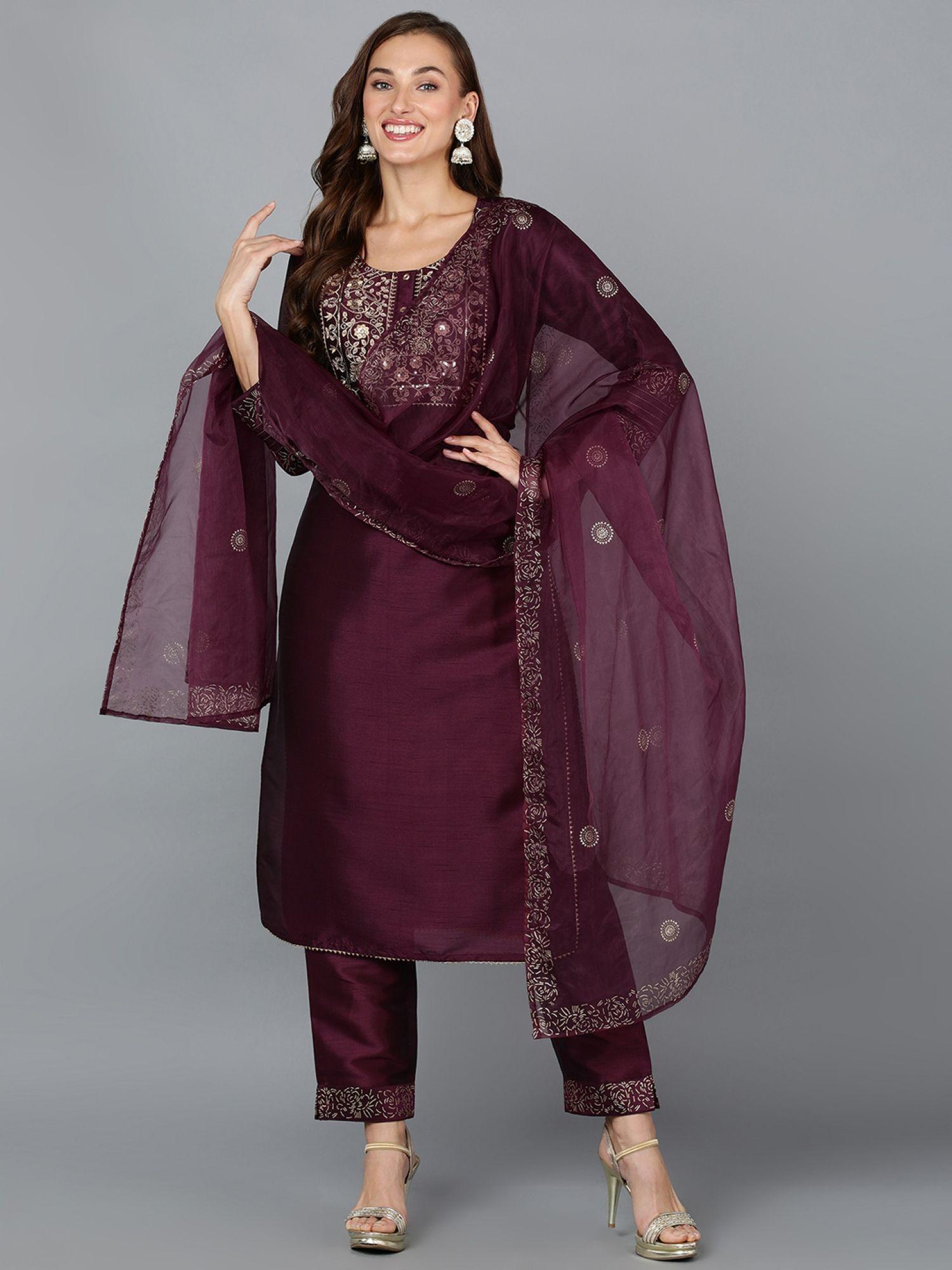women purple silk blend embroidered party wear suit (set of 3)