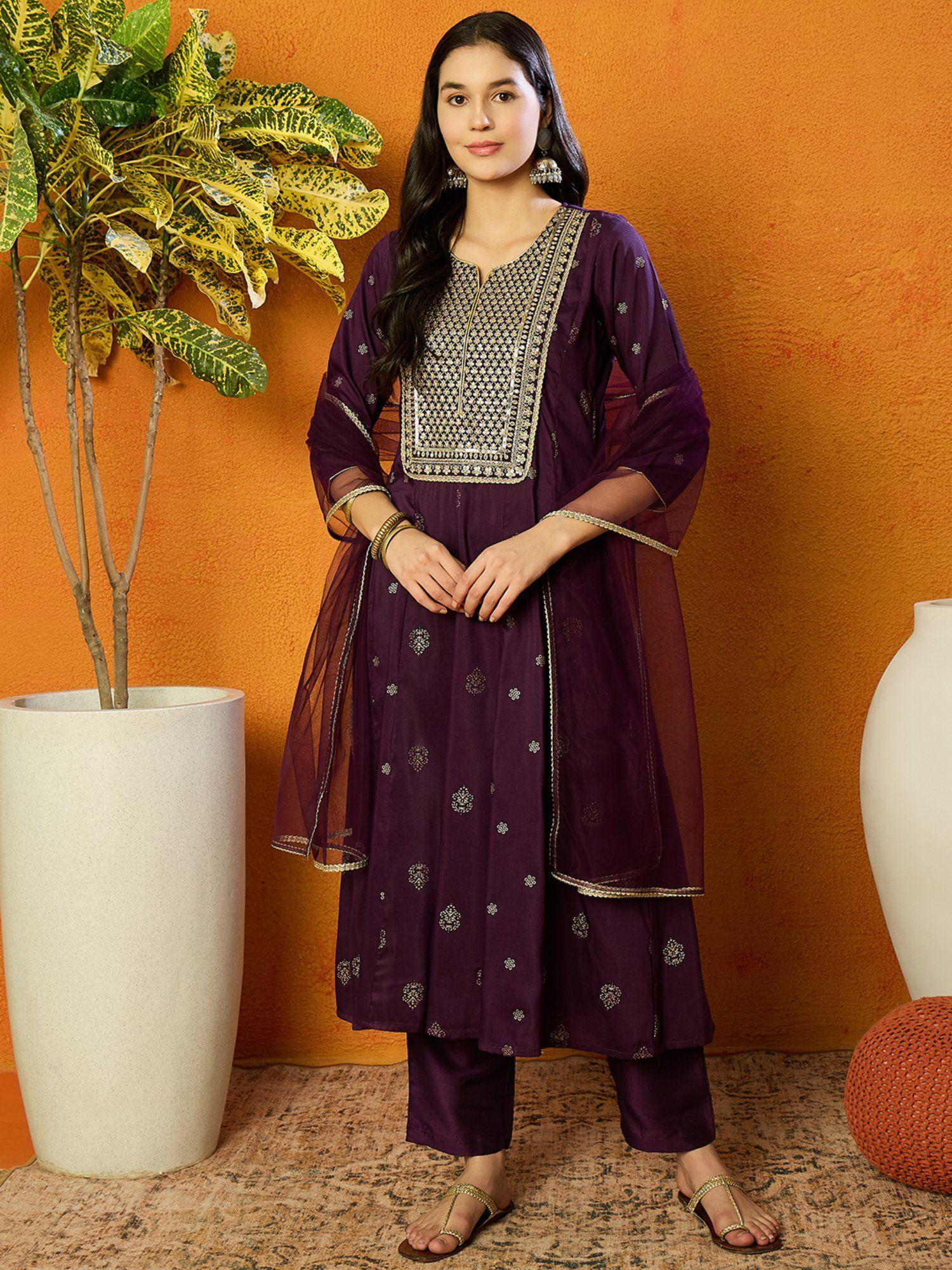 women purple silk blend woven design embroidered anarkali suit (set of 3)