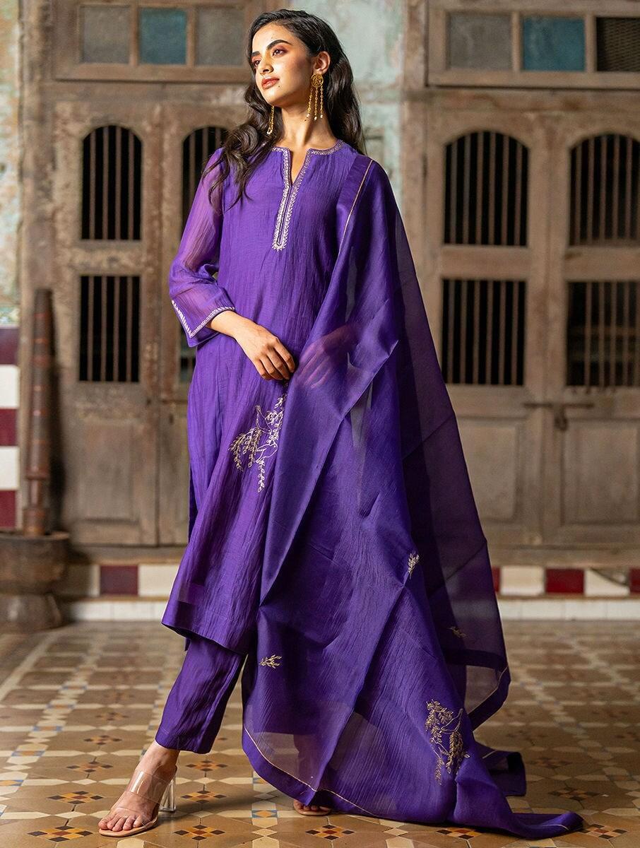 women purple silk embroidered dupatta