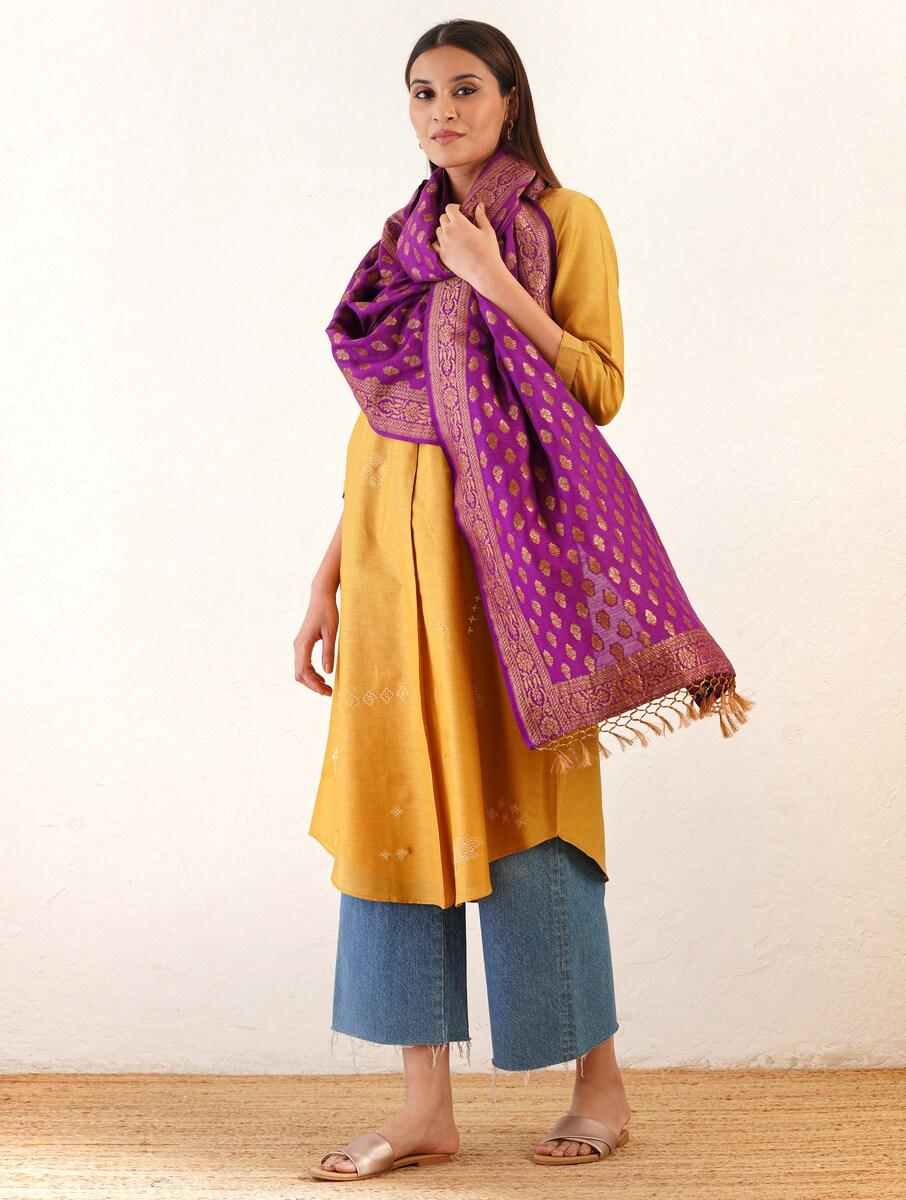 women purple silk hand woven dupatta