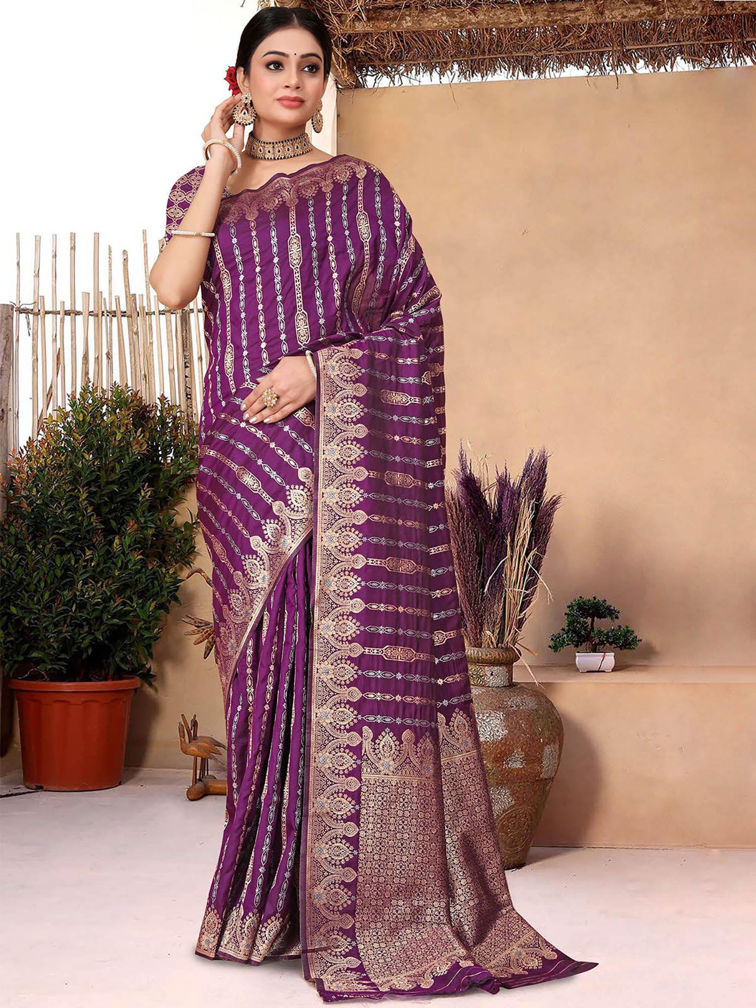 women purple silk saree with unstitched blouse