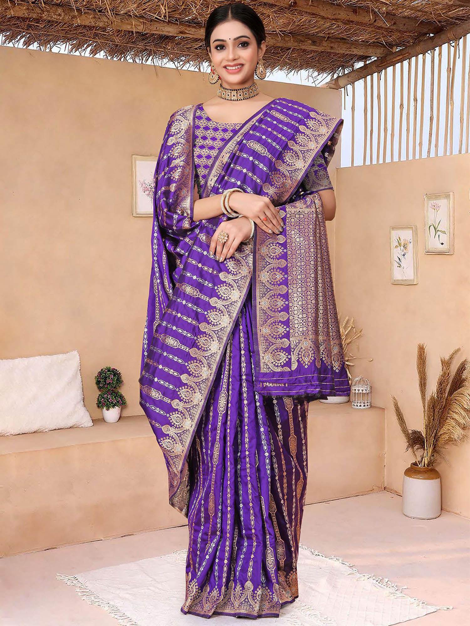 women purple silk saree with unstitched blouse