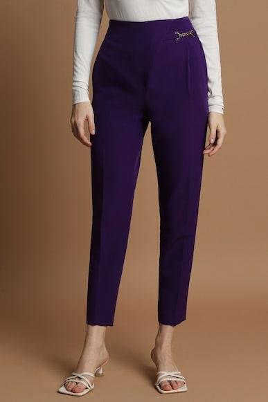 women purple slim fit solid casual trousers
