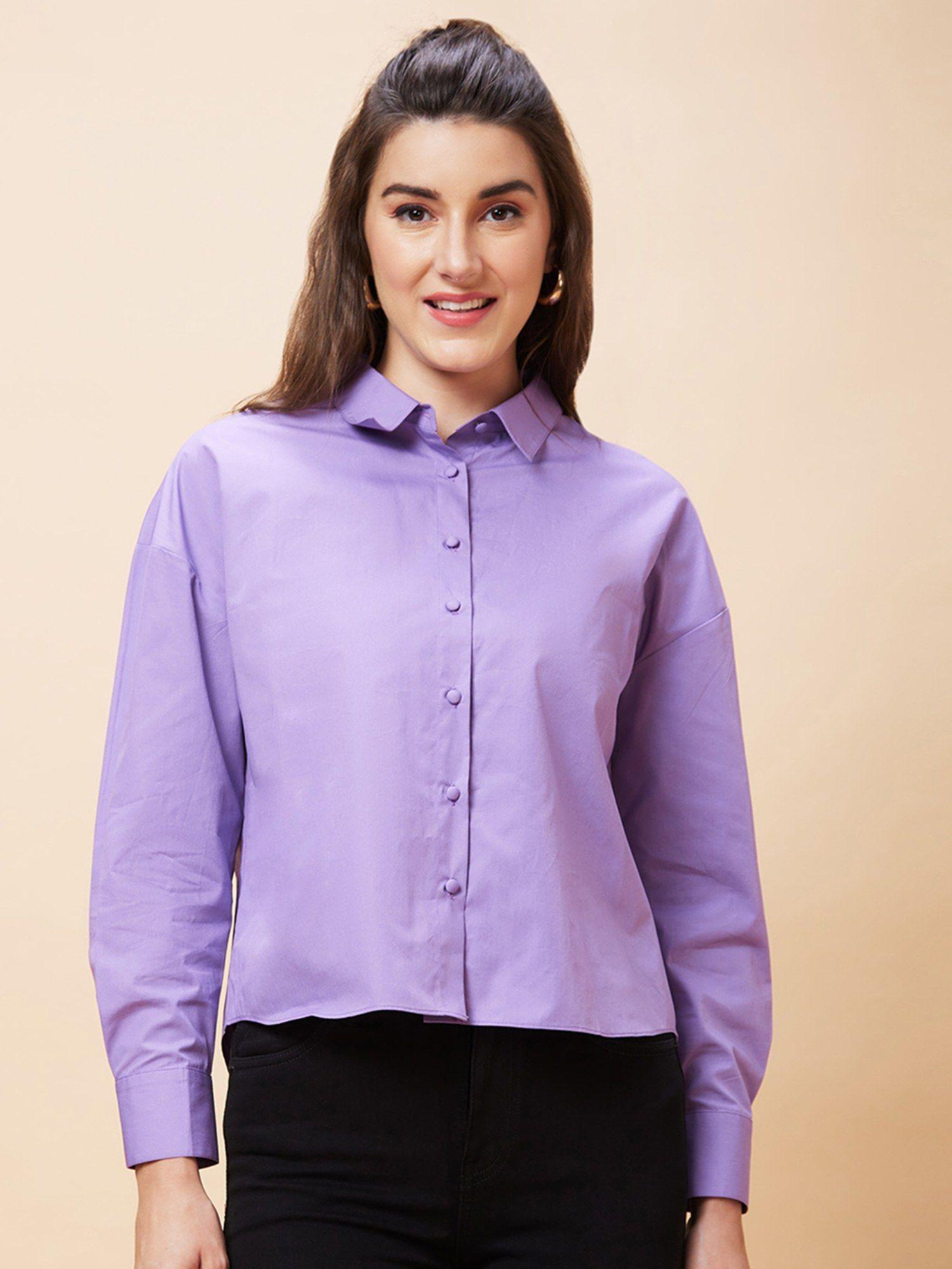 women purple solid casual button down shirt style top