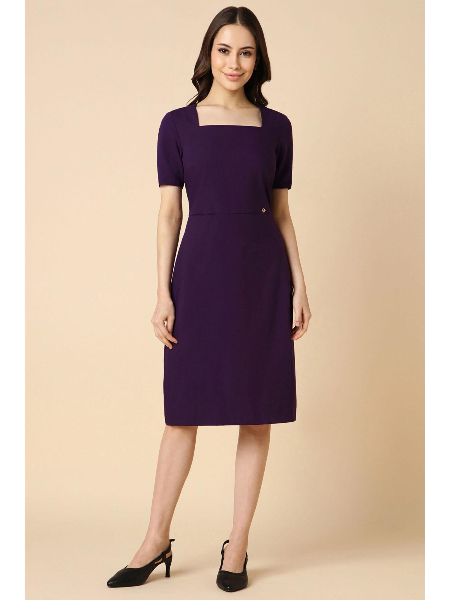 women purple solid formal knee length dress