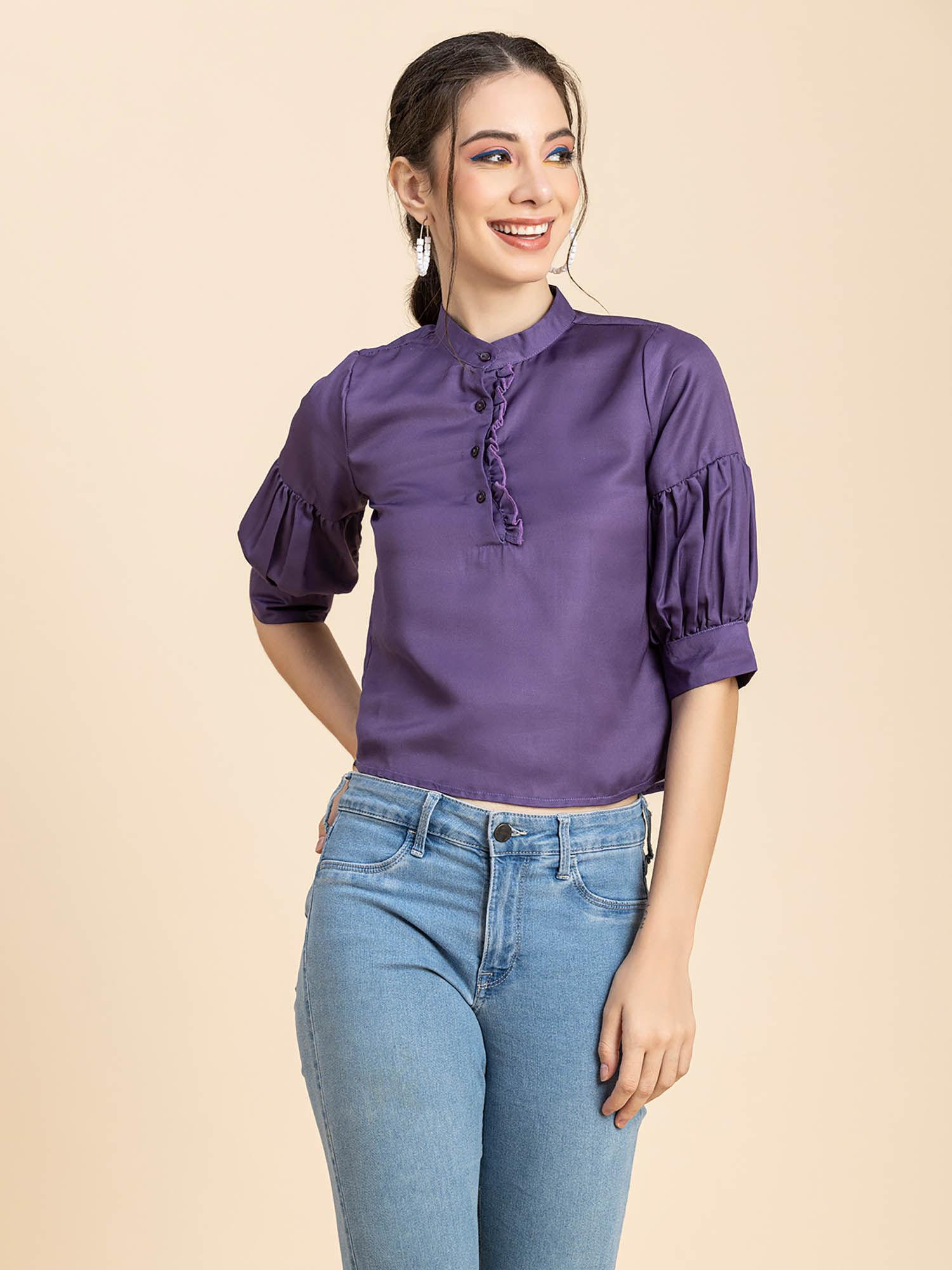 women purple solid half sleeves top