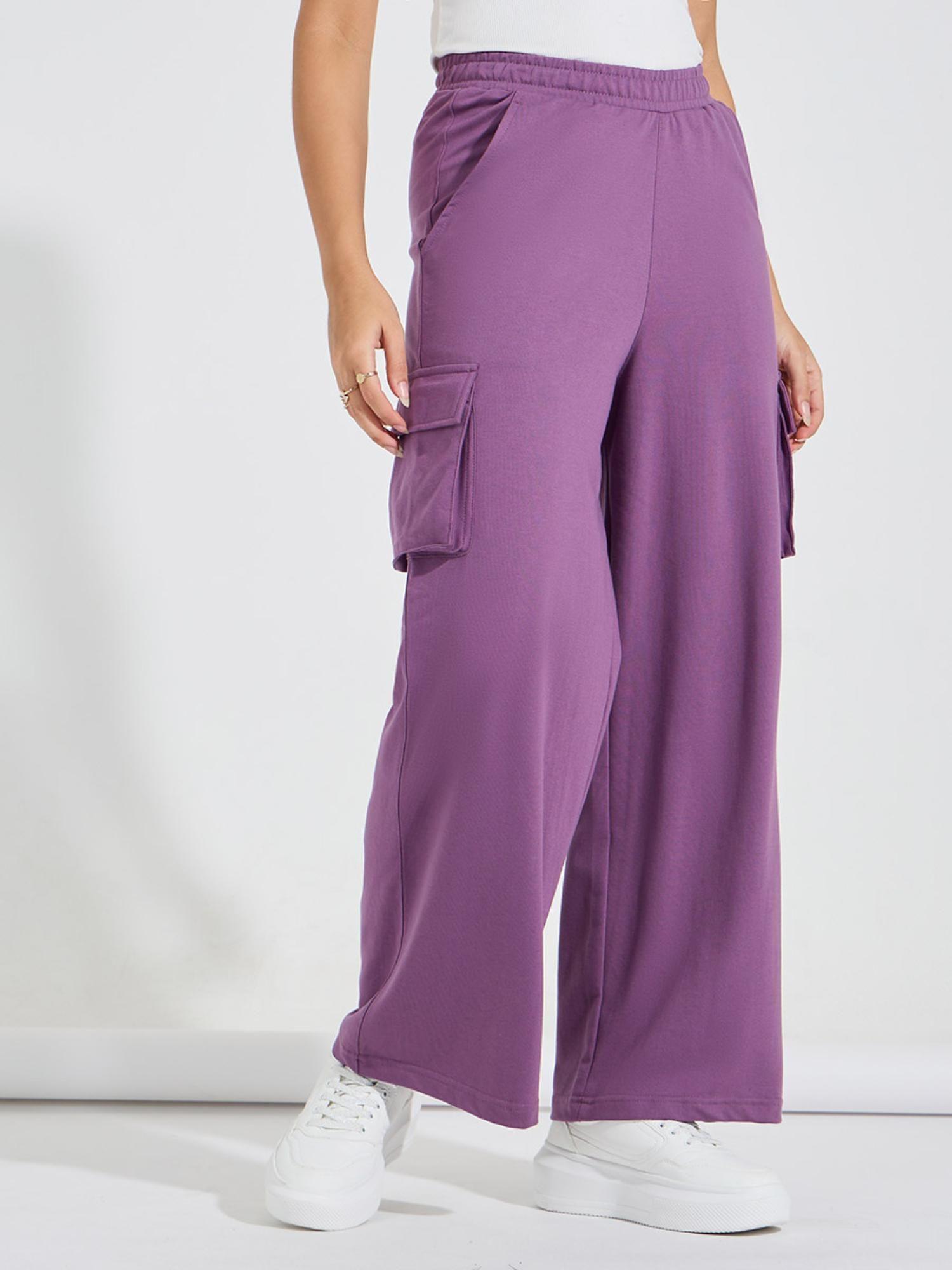 women purple solid high waisted flared leg cargo pants