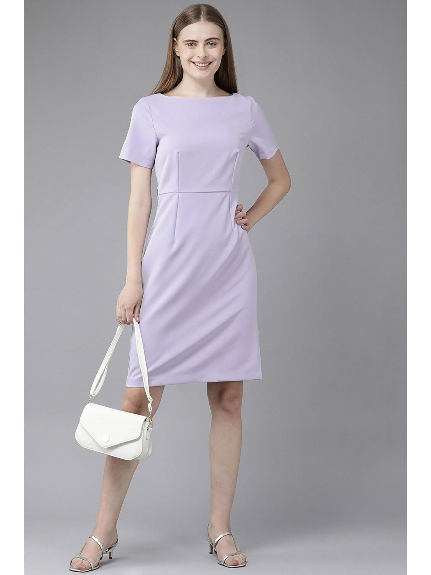 women purple solid knee length formal dress