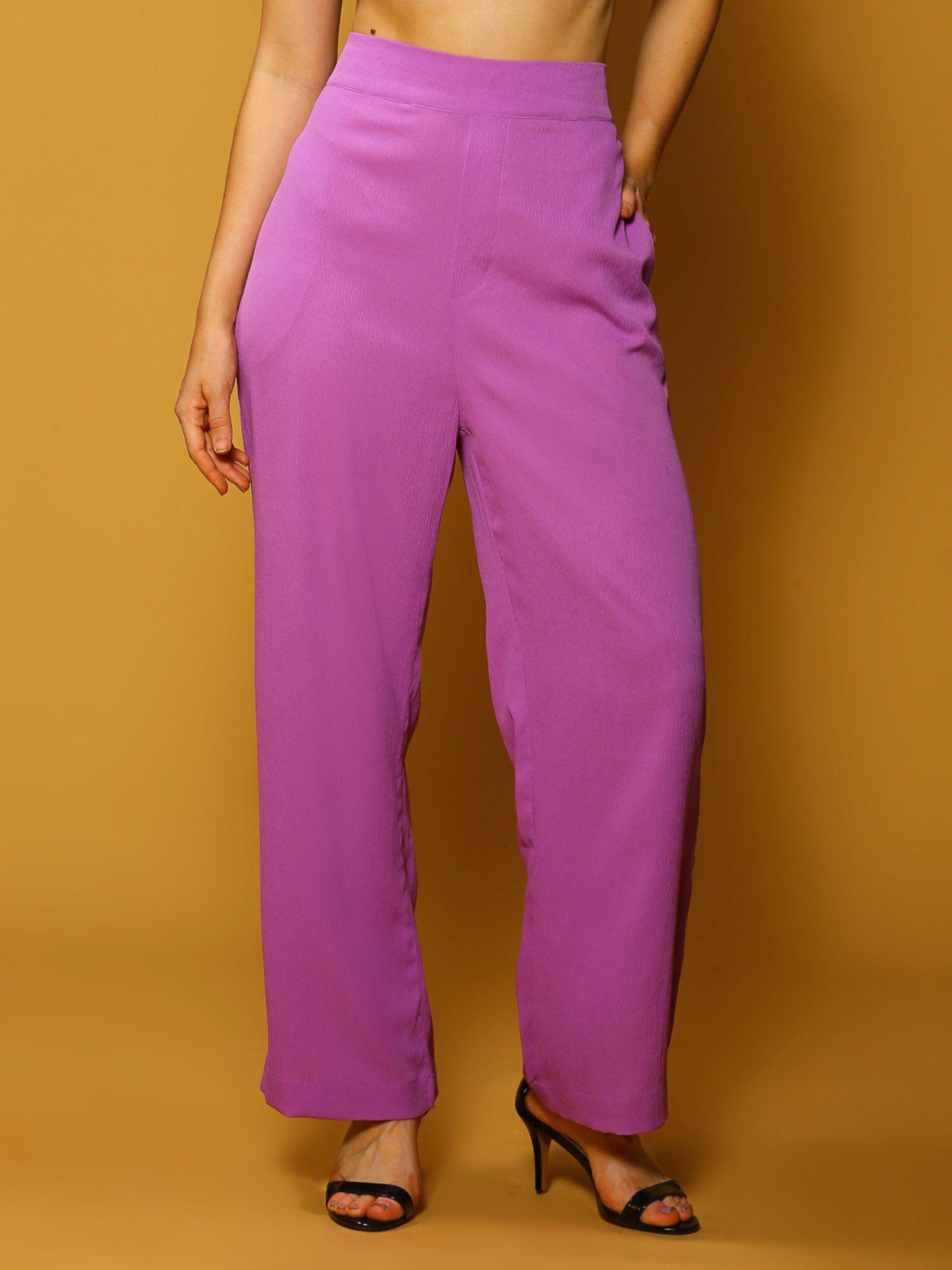 women purple solid print mid-rise slip-on regular trousers