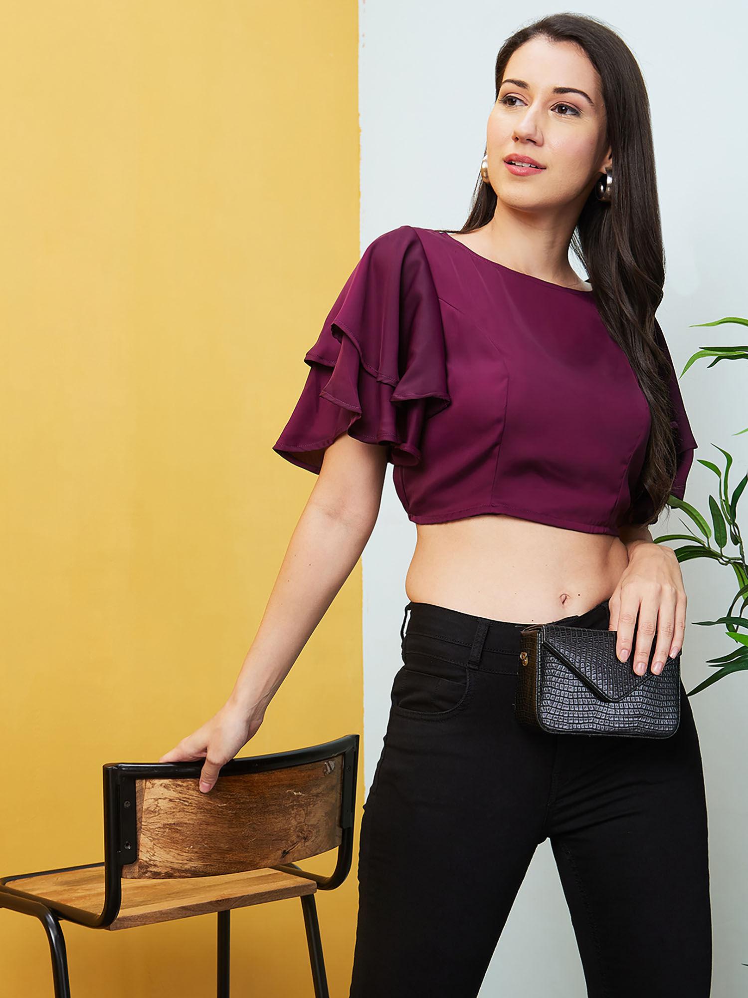 women purple solid round neck flared sleeves casual crop top