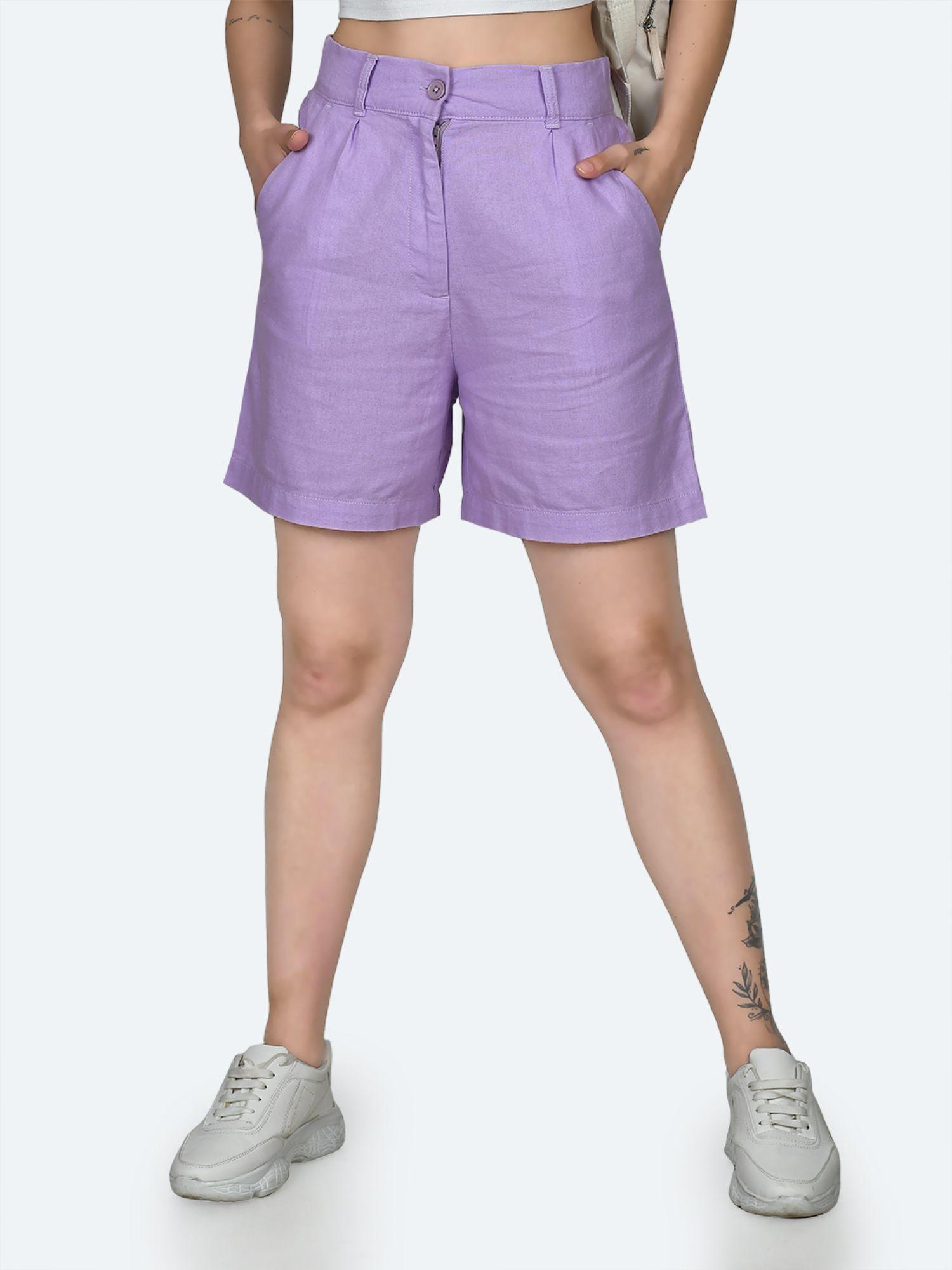 women purple solid shorts