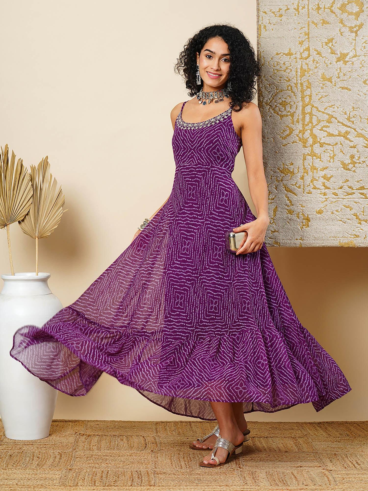 women purple strappy shoulder back tie-up flared hem bandhani maxi dress