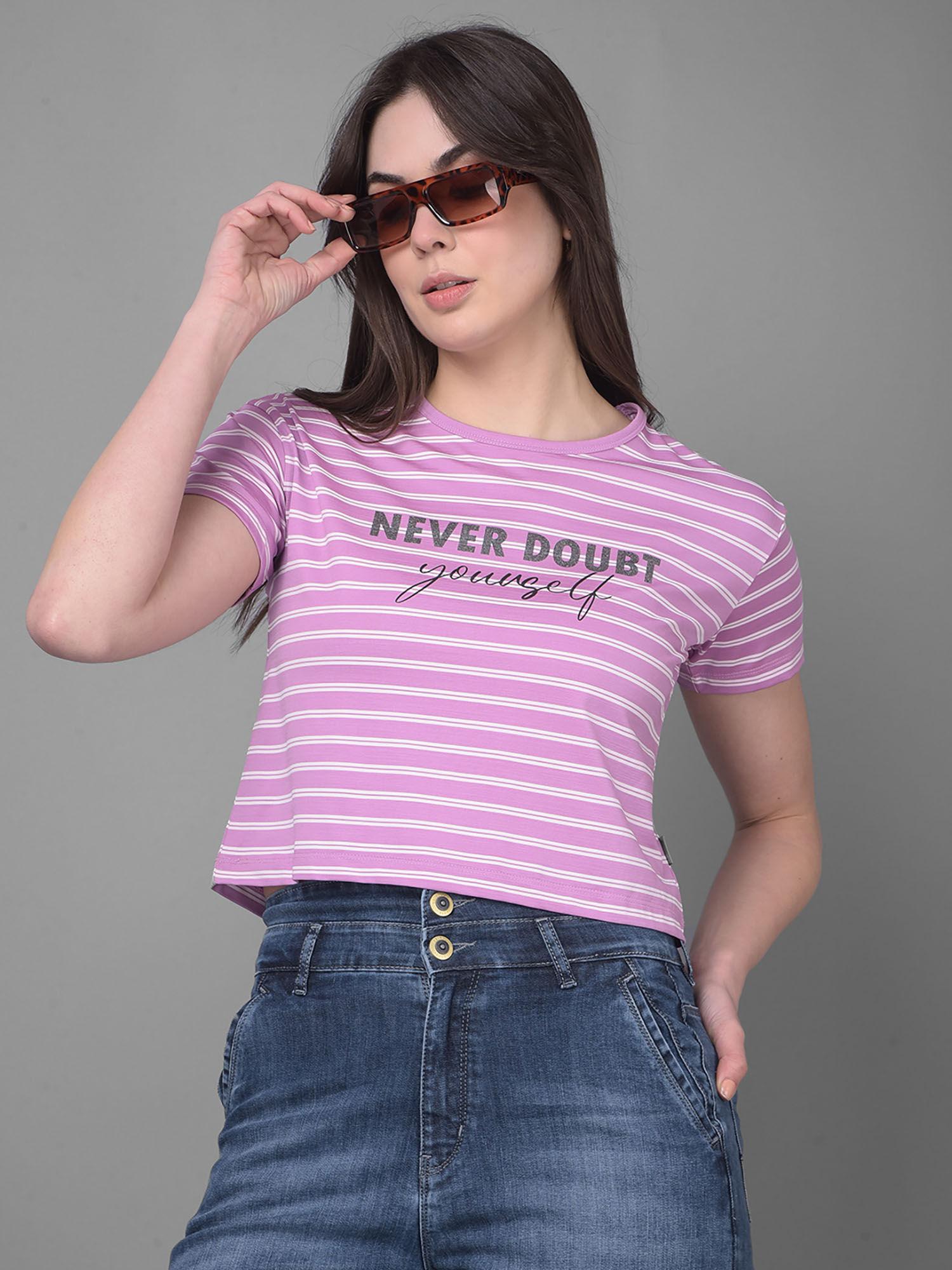 women purple striped t-shirt