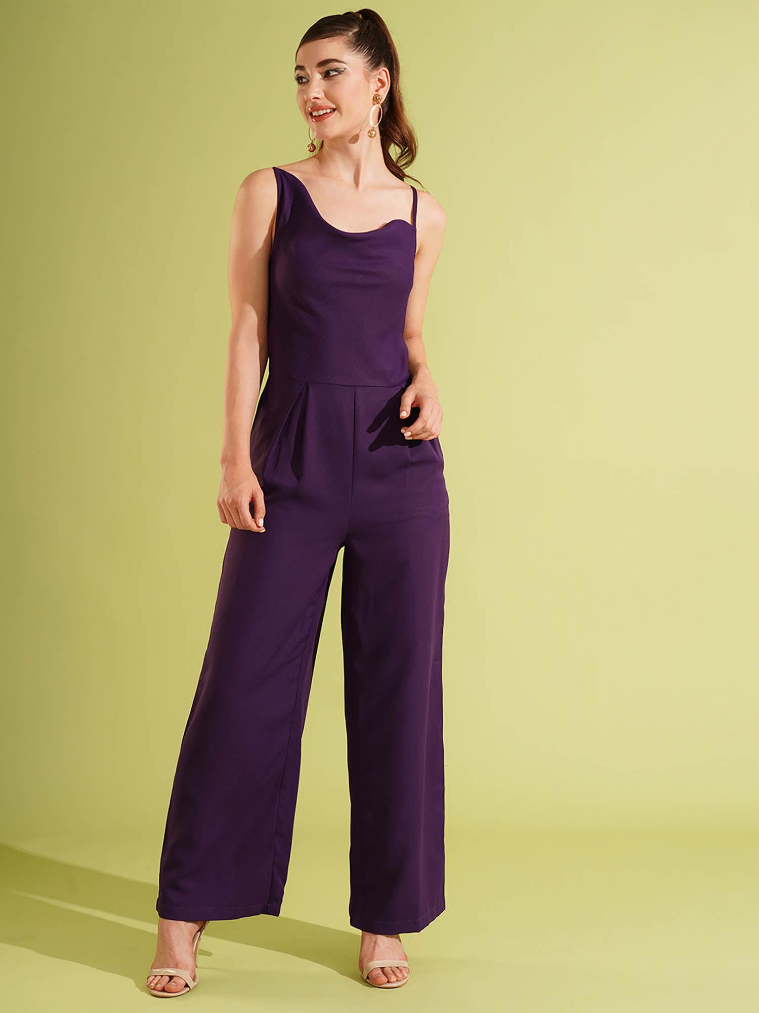 women purple stylised back long wide leg party jumpsuit