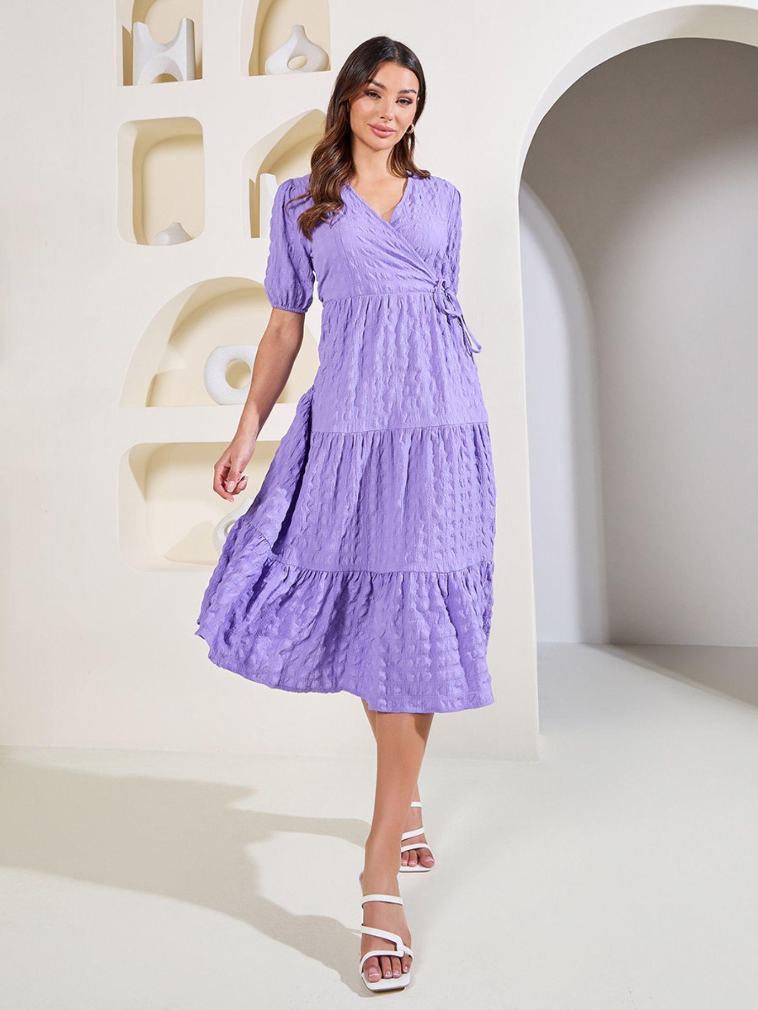 women purple textured tiered wrap midi dress