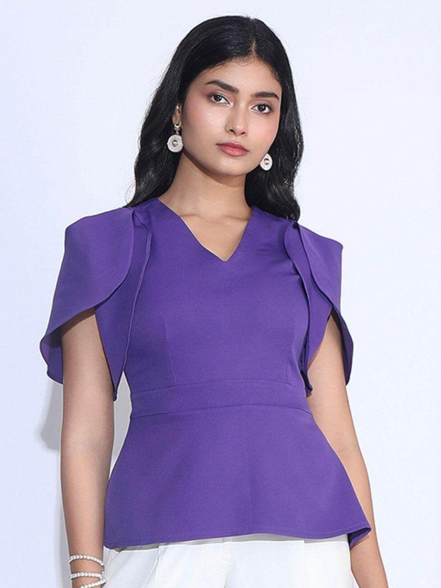 women purple tulip sleeve peplum top