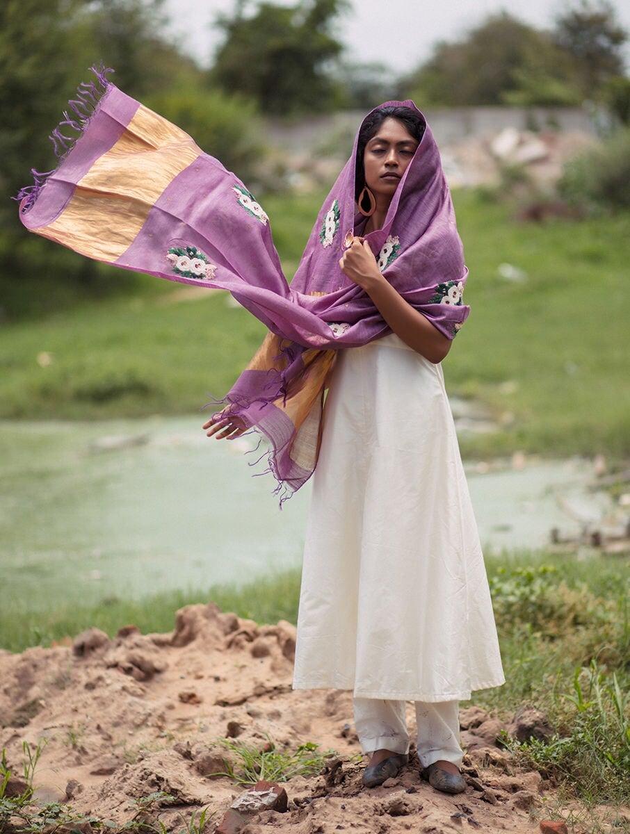 women purple tussar silk embroidered dupatta