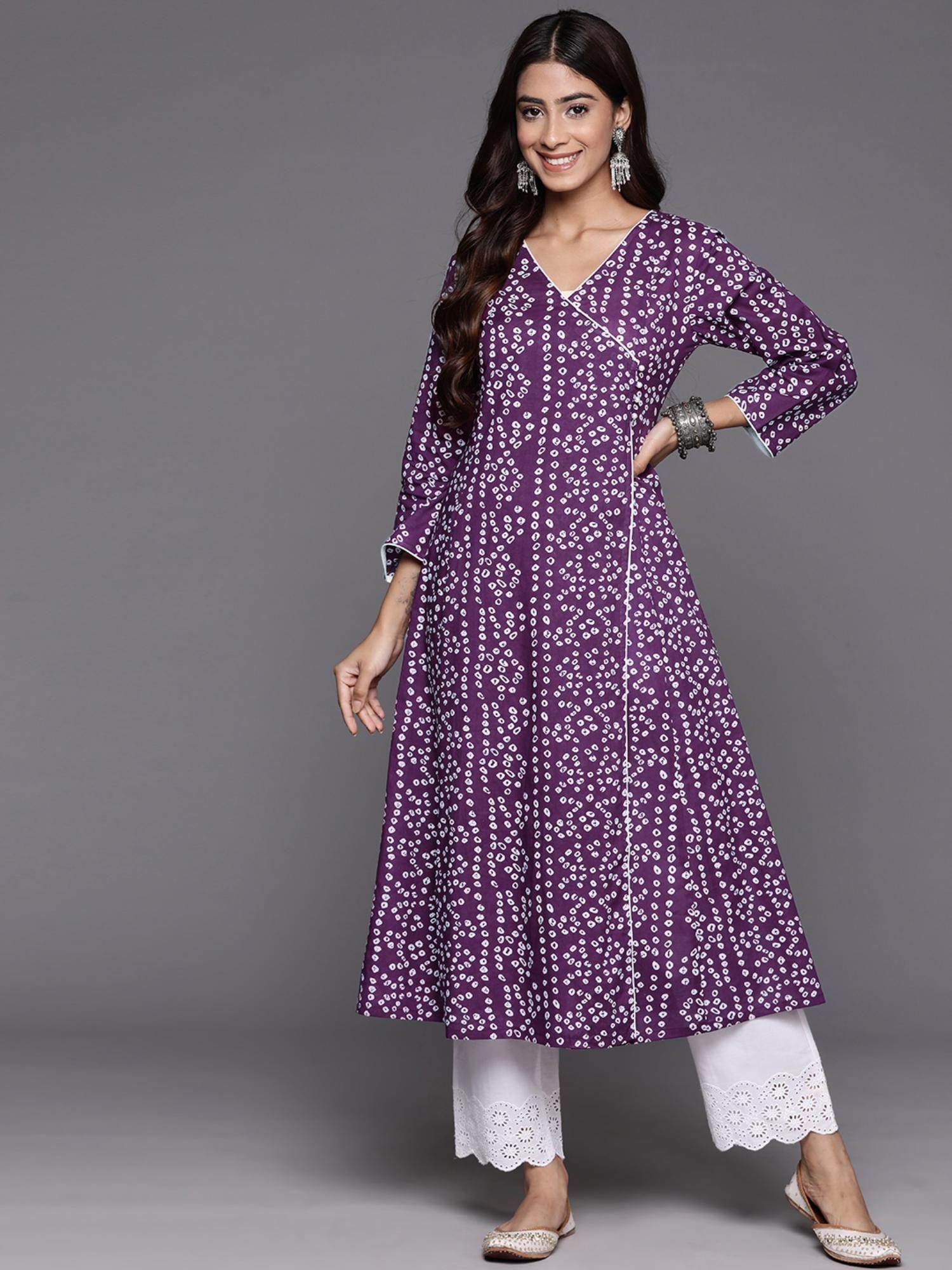 women purple v-neck bandhani print angrakha style anarkali kurta