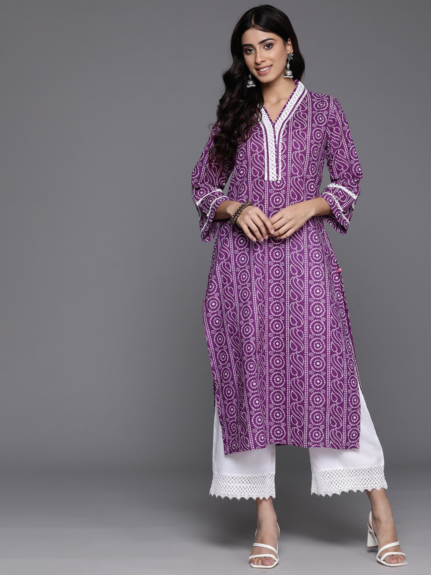 women purple v neck bandhani printed lace work straight kurta