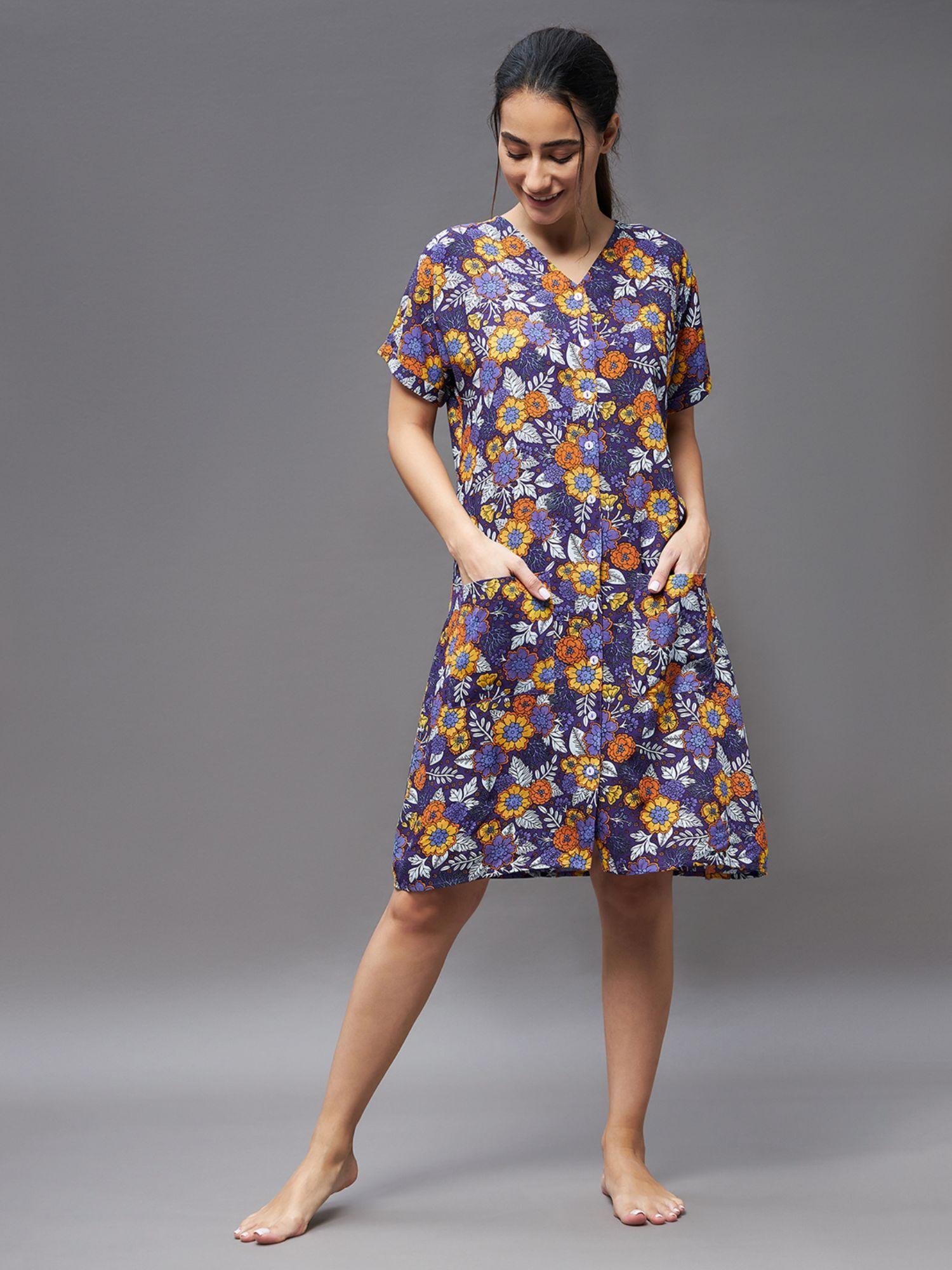 women purple v neck short sleeve printed button down placket knee-long shift dress