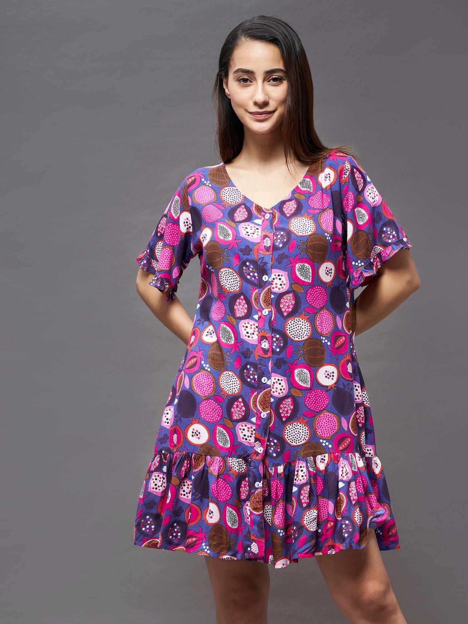 women purple v neck short sleeve printed ruffled hem knee-long shift dress