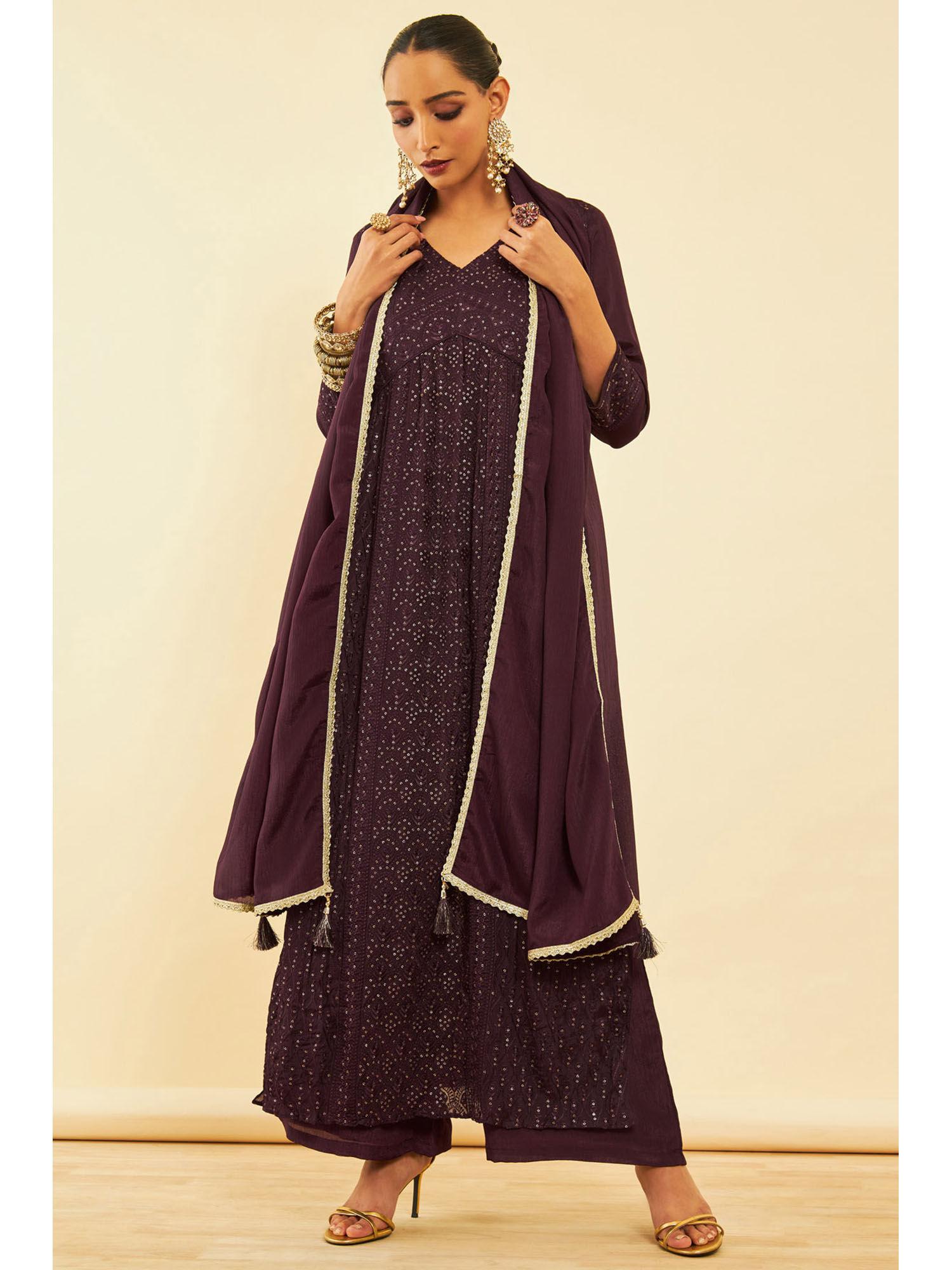 women purple viscose embroidered anarkali kurta with palazzo & dupatta (set of 3)