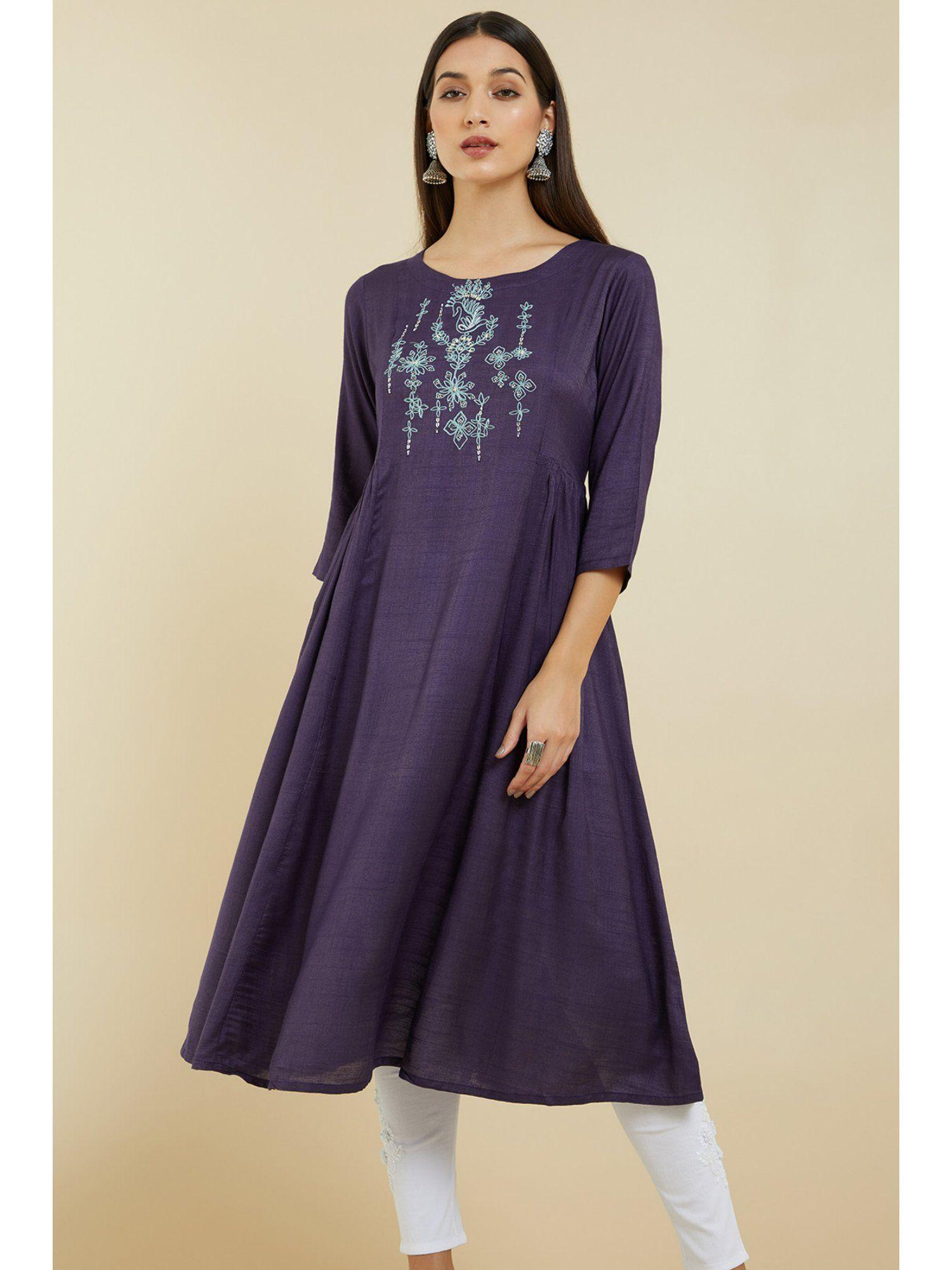 women purple viscose embroidered kurta