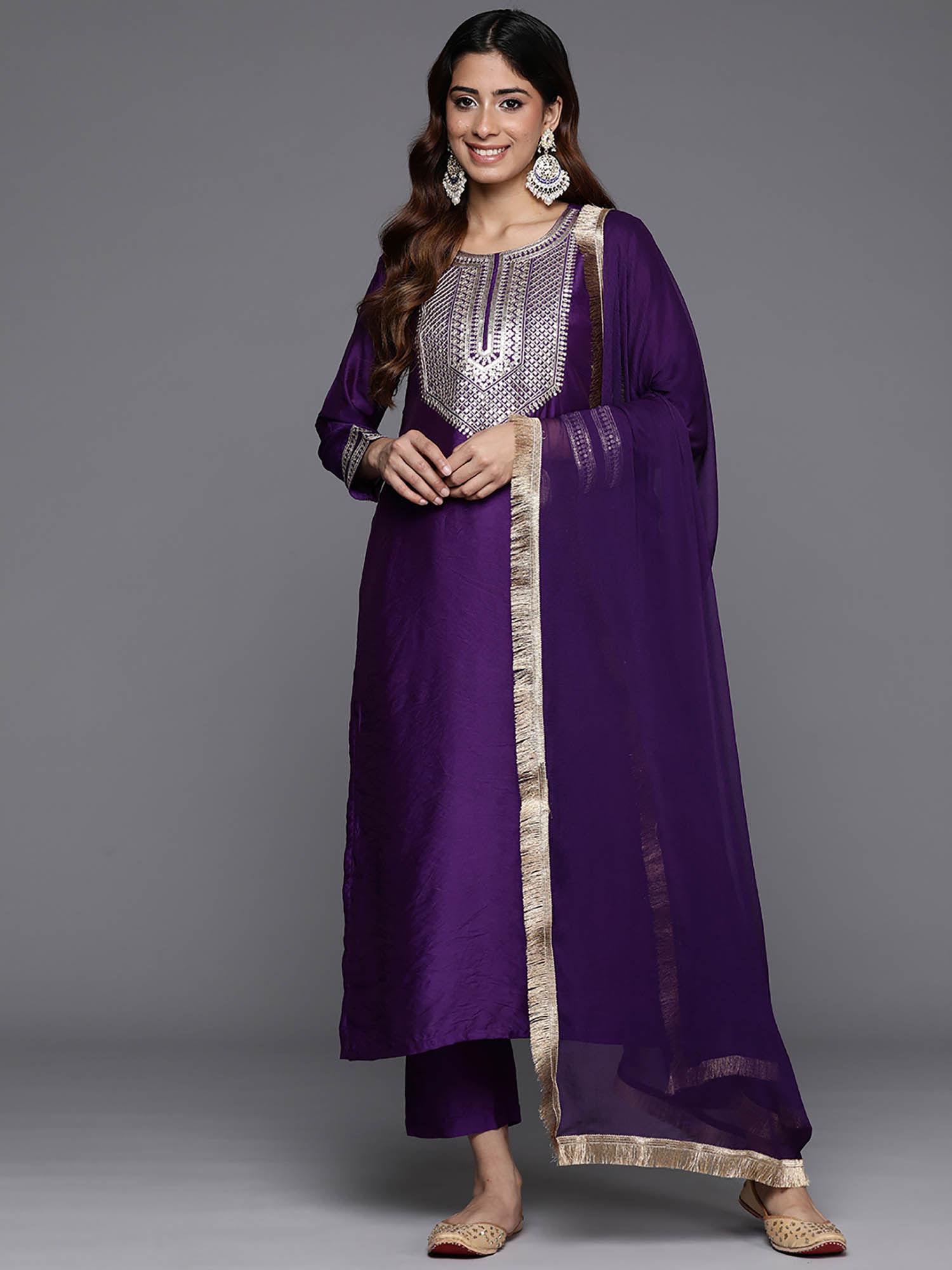 women purple zari embroidered kurta with pants and dupatta (set of 3)