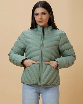 women quilted bomber jacket with insert pockets