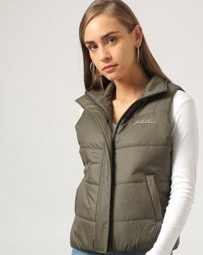 women quilted high-neck zip-front olive gillet